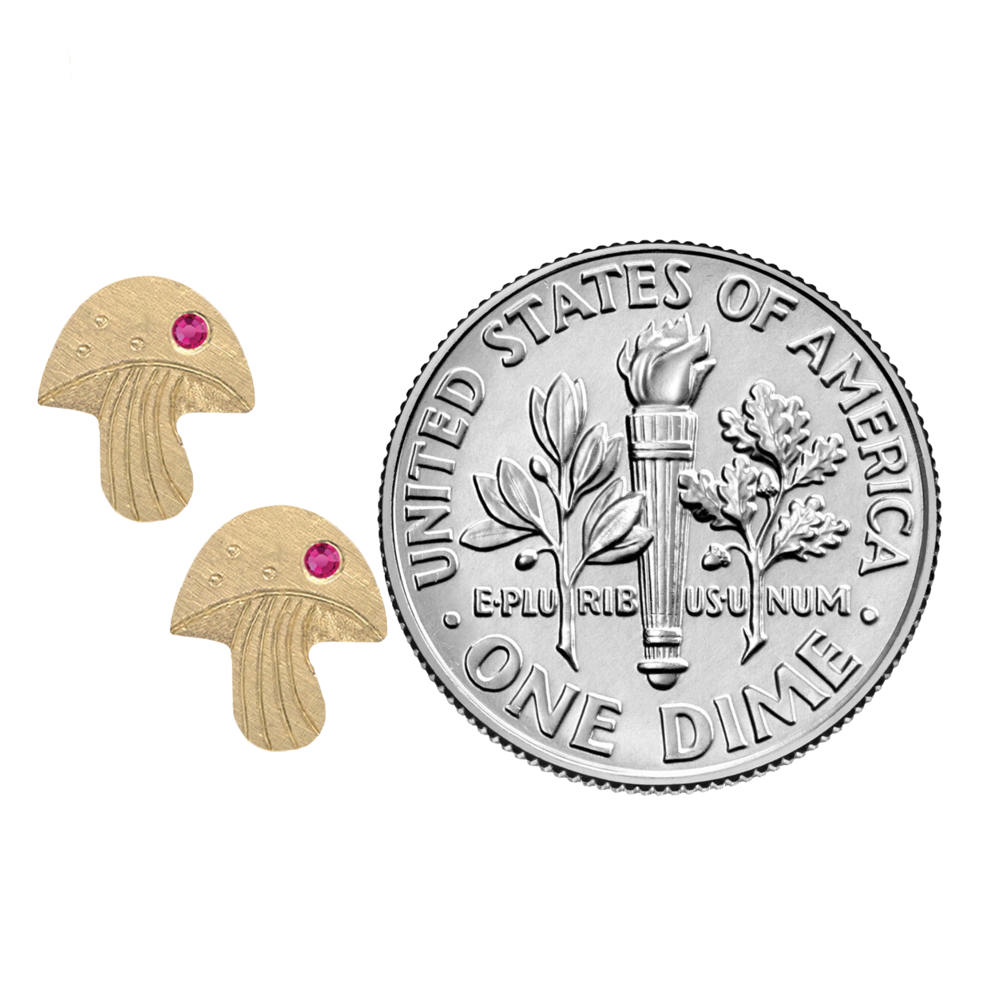 14k gold teeny tiny mushroom earrings with pink sapphire on white background with size indicator