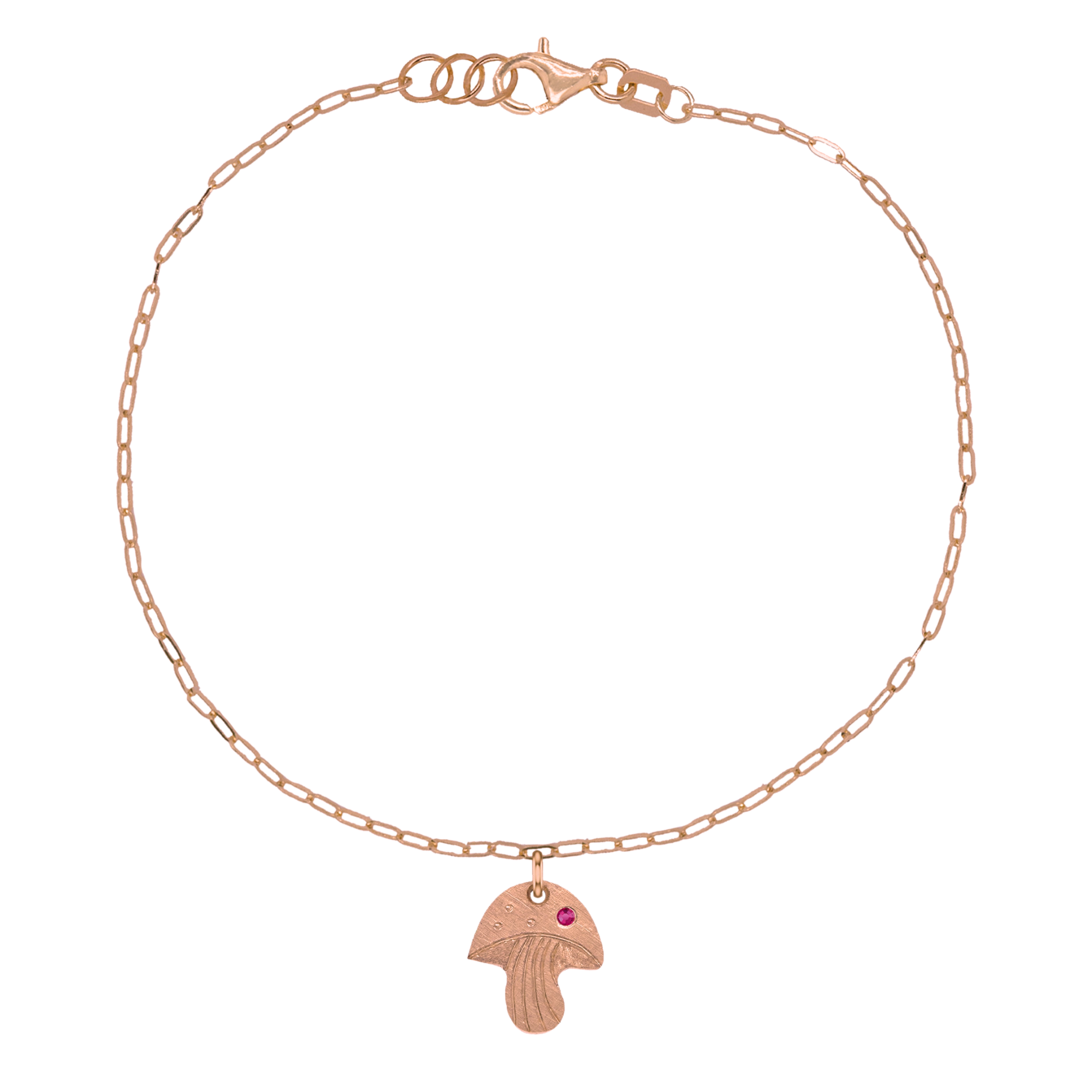 14k rose gold teeny tiny pink sapphire mushroom charm with hand etched details on paperclip link chain on white background