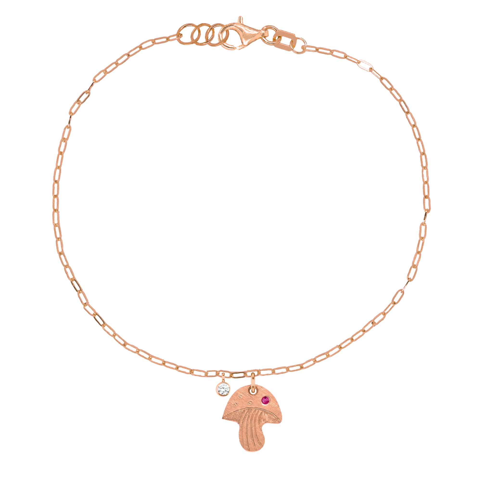 14k rose gold teeny tiny pink sapphire mushroom charm with hand etched details on paperclip link chain with bezel set white diamond accent charm on white background