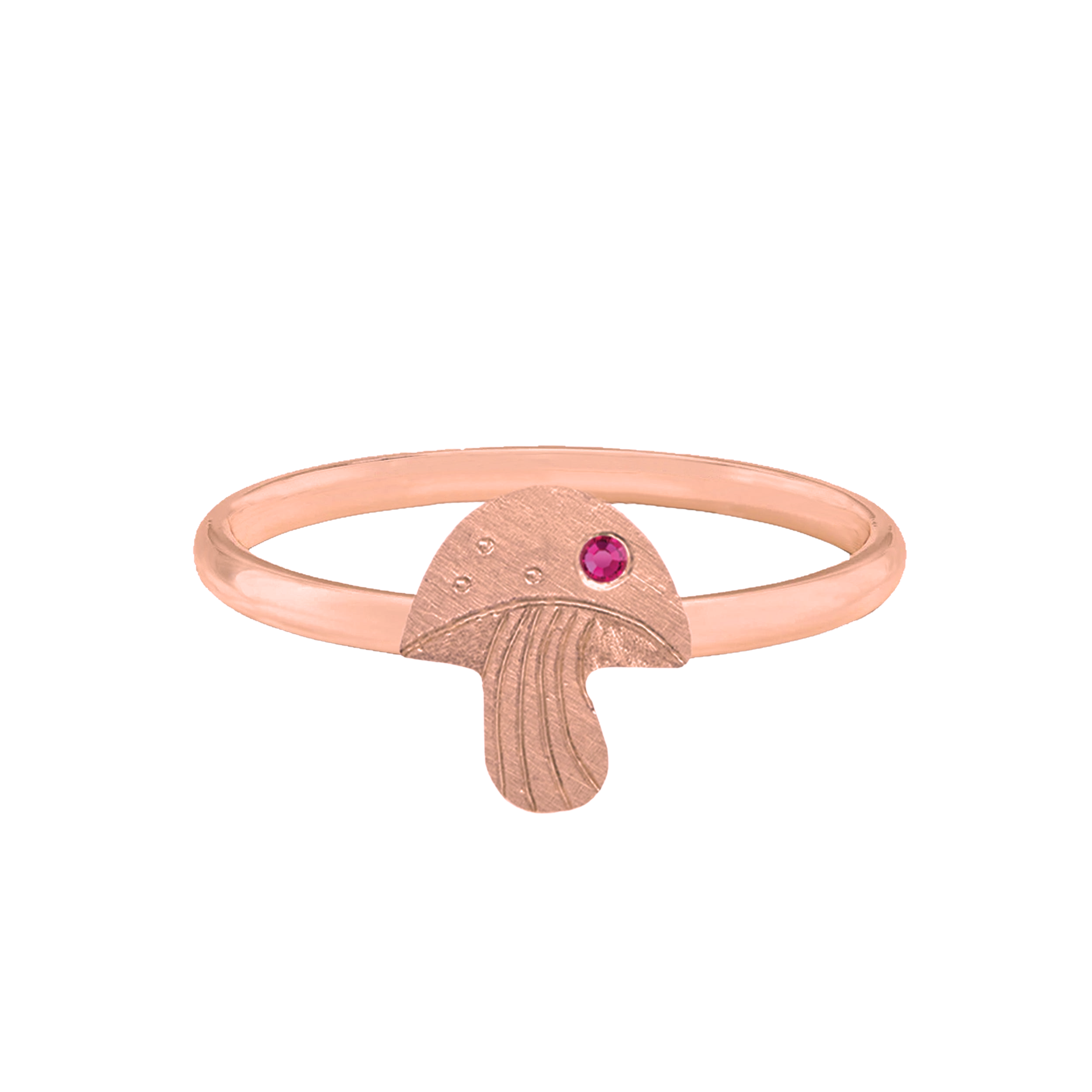 14k rose gold teeny tiny mushroom ring with hand etched details and colored sapphire on a white background