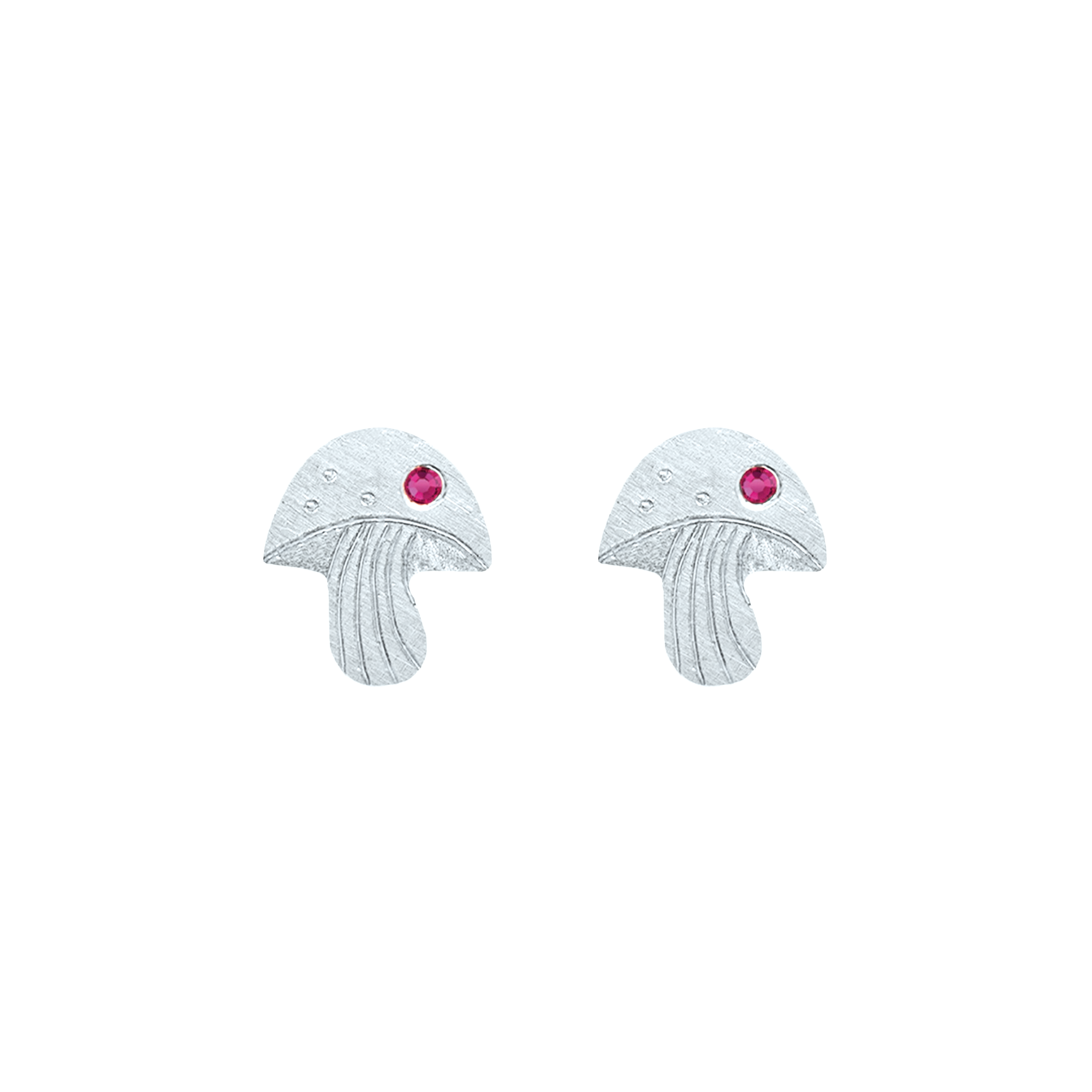 14k white gold teeny tiny mushroom earrings with pink sapphire on white background
