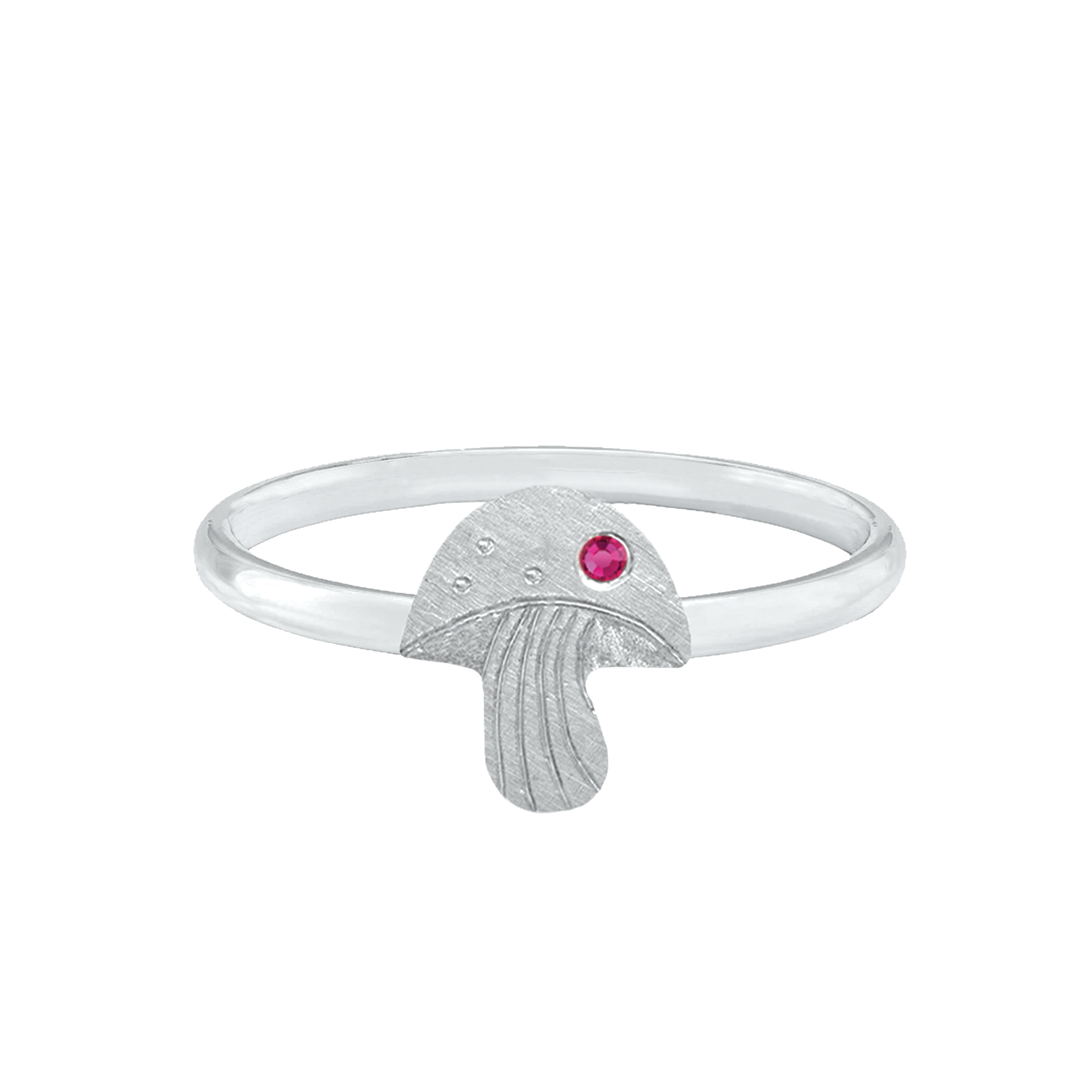 14k white gold teeny tiny mushroom ring with hand etched details and colored sapphire on a white background