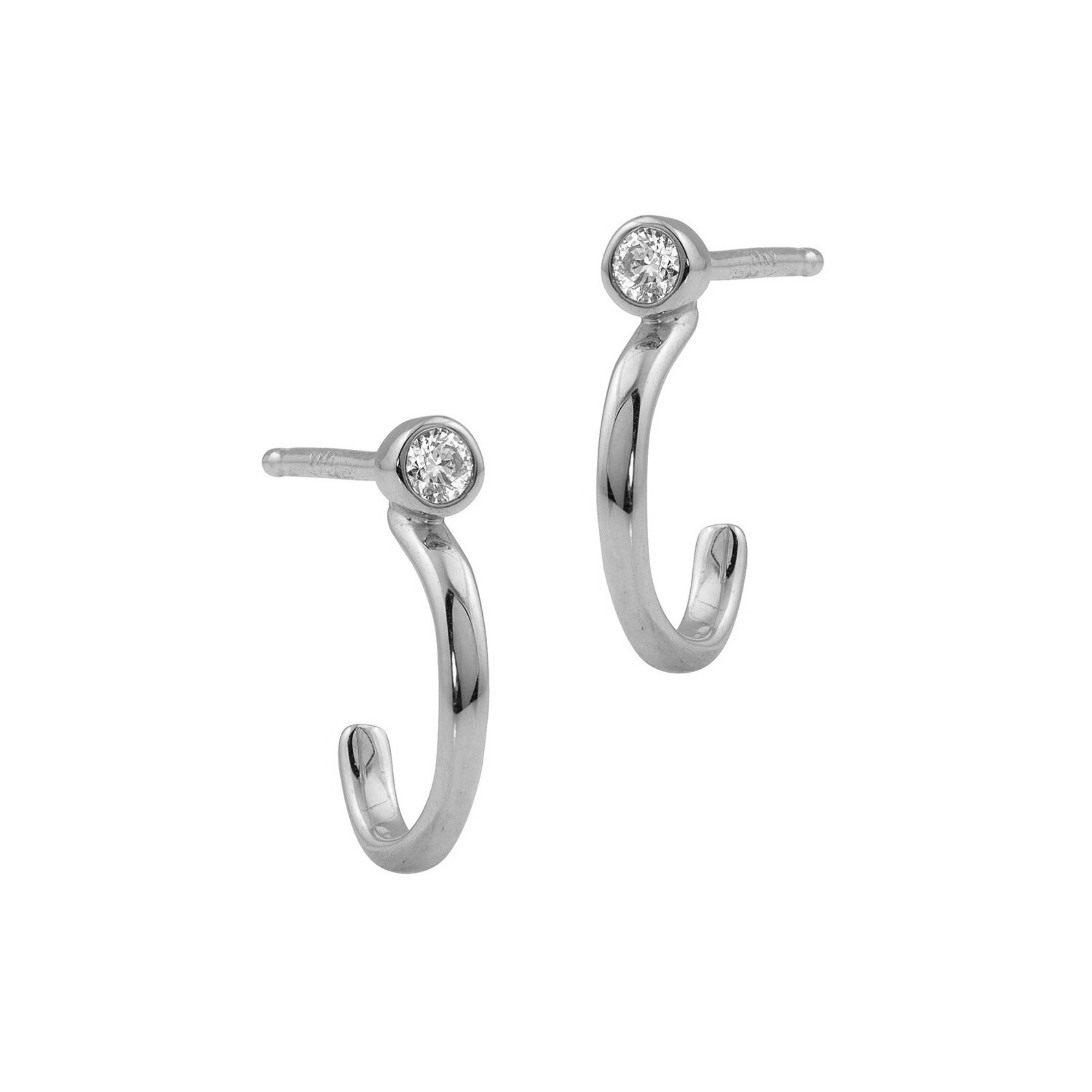 14k white gold diamond bezel mini hoop stud earrings on white background