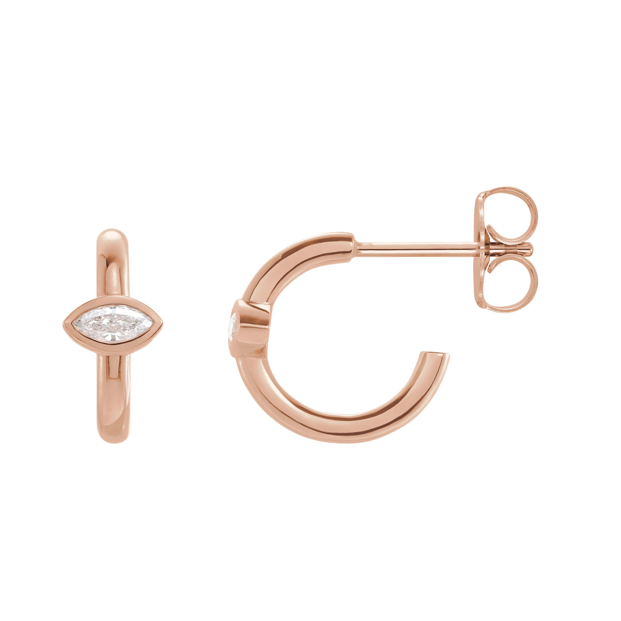 14k rose gold open hoop earrings with marquise diamond accent on white background