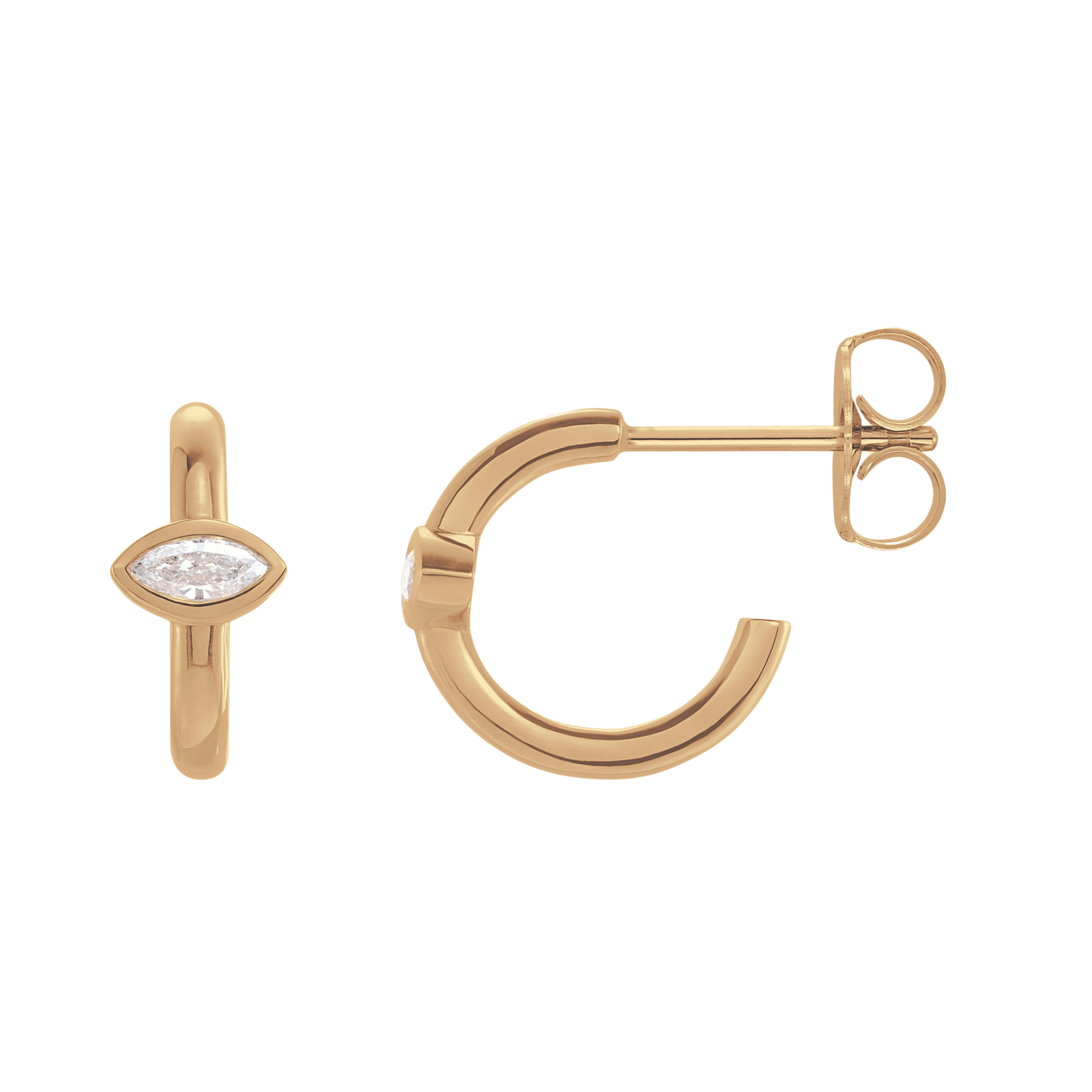 14k yellow gold open hoop earrings with marquise diamond accent on white background