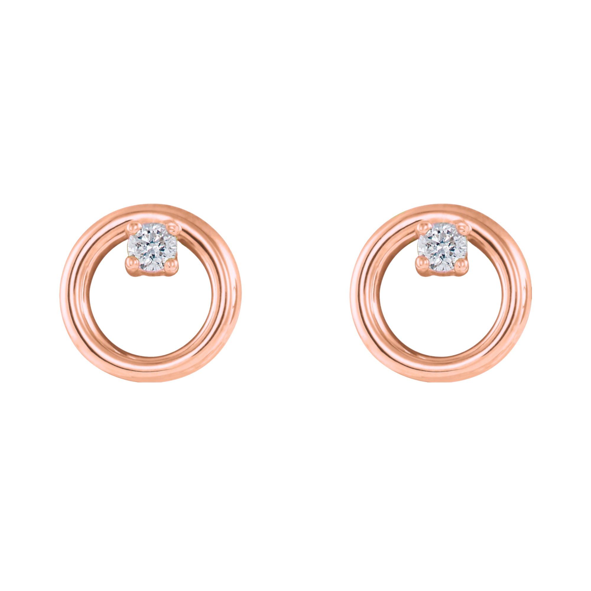 14k rose gold open circle post earrings with white diamond accents on white background