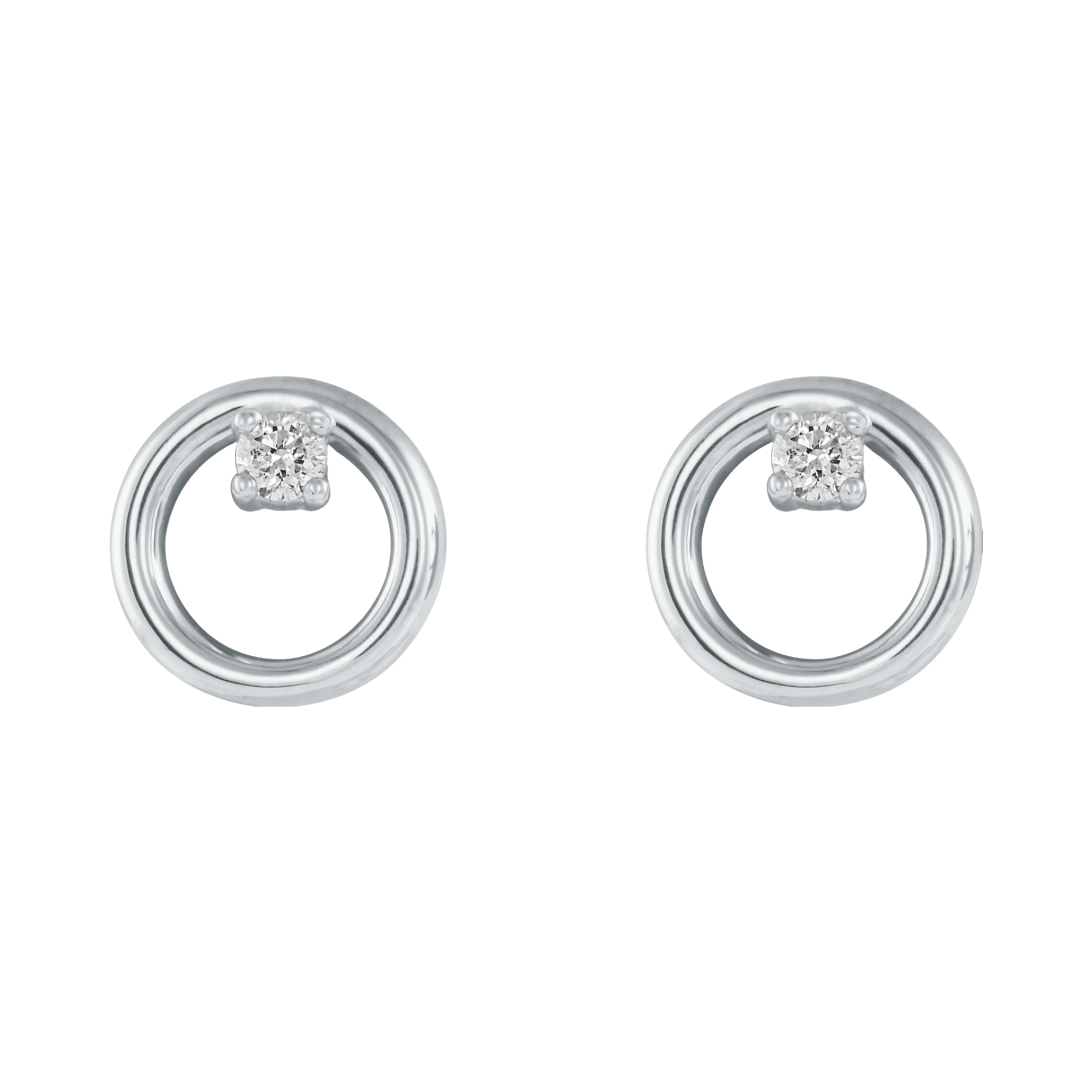 14k white gold open circle post earrings with white diamond accents on white background