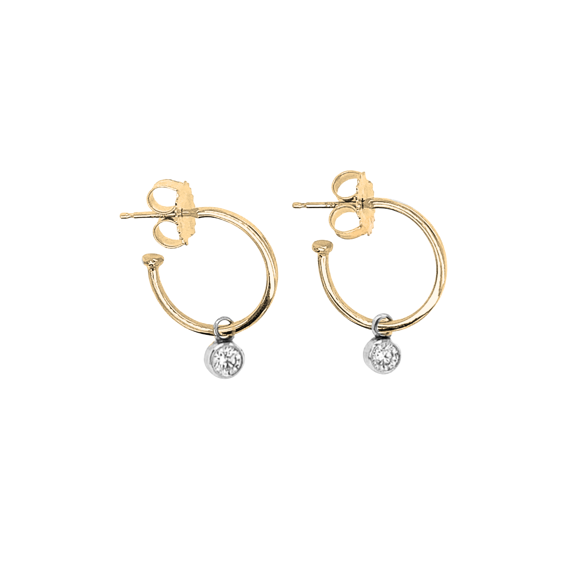 14k yellow gold hoop earrings with bezel set white diamond charms on white background