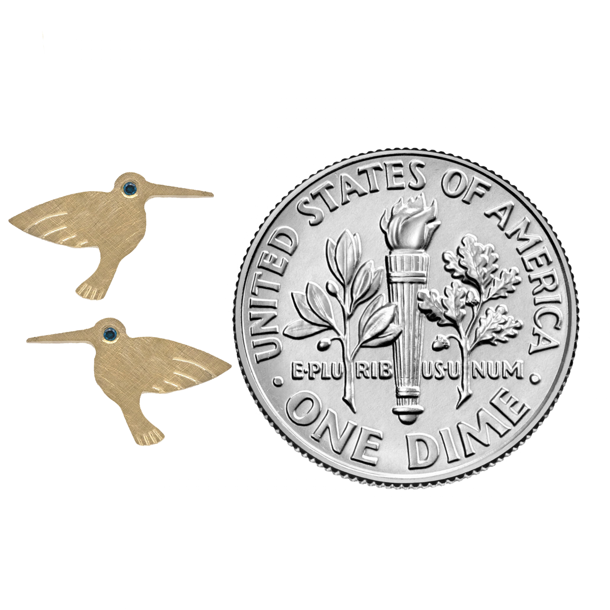 14k gold teeny tiny hummingbird earrings with teal diamond eyes on white background with size indicator