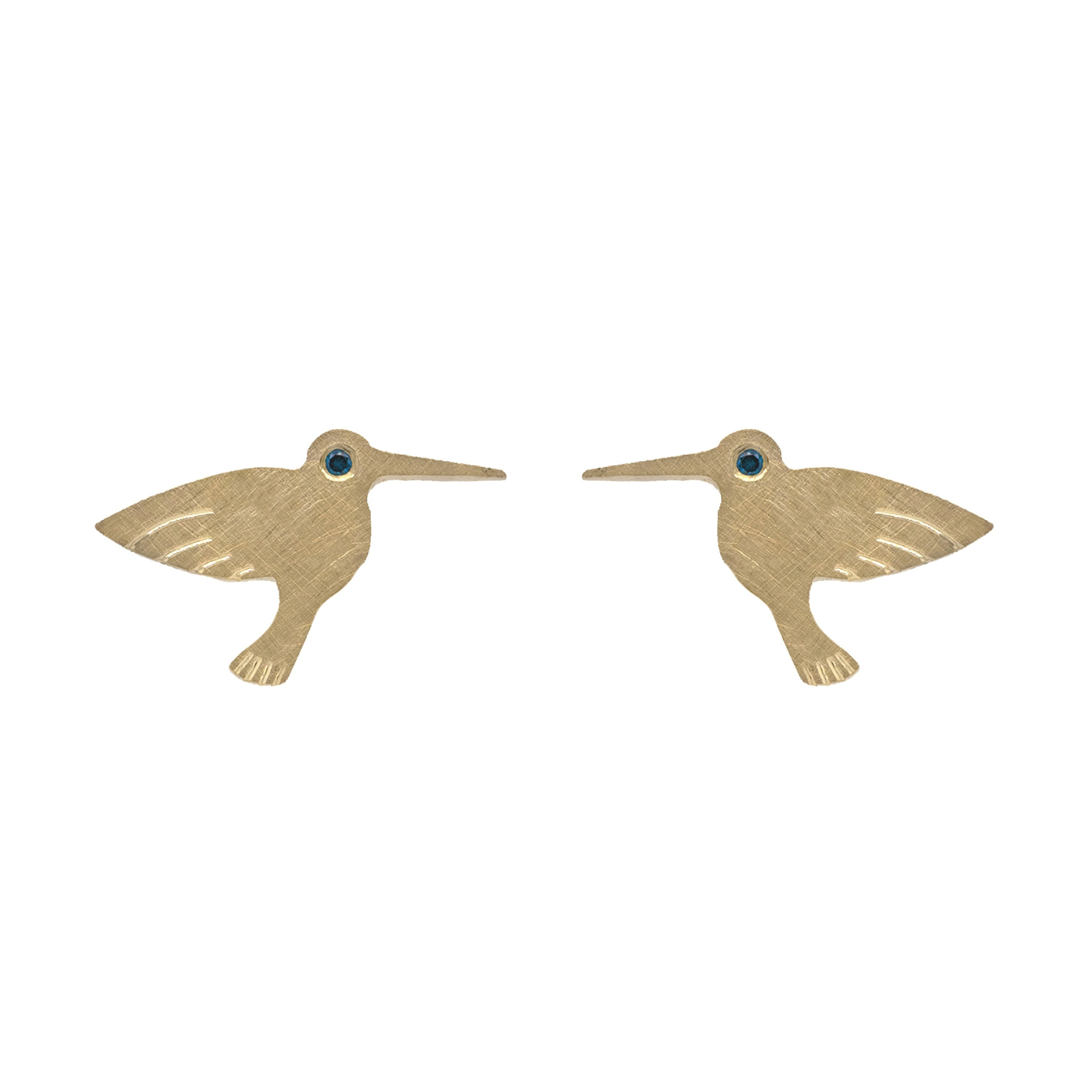 14k gold teeny tiny hummingbird earrings with teal diamond eyes on white background