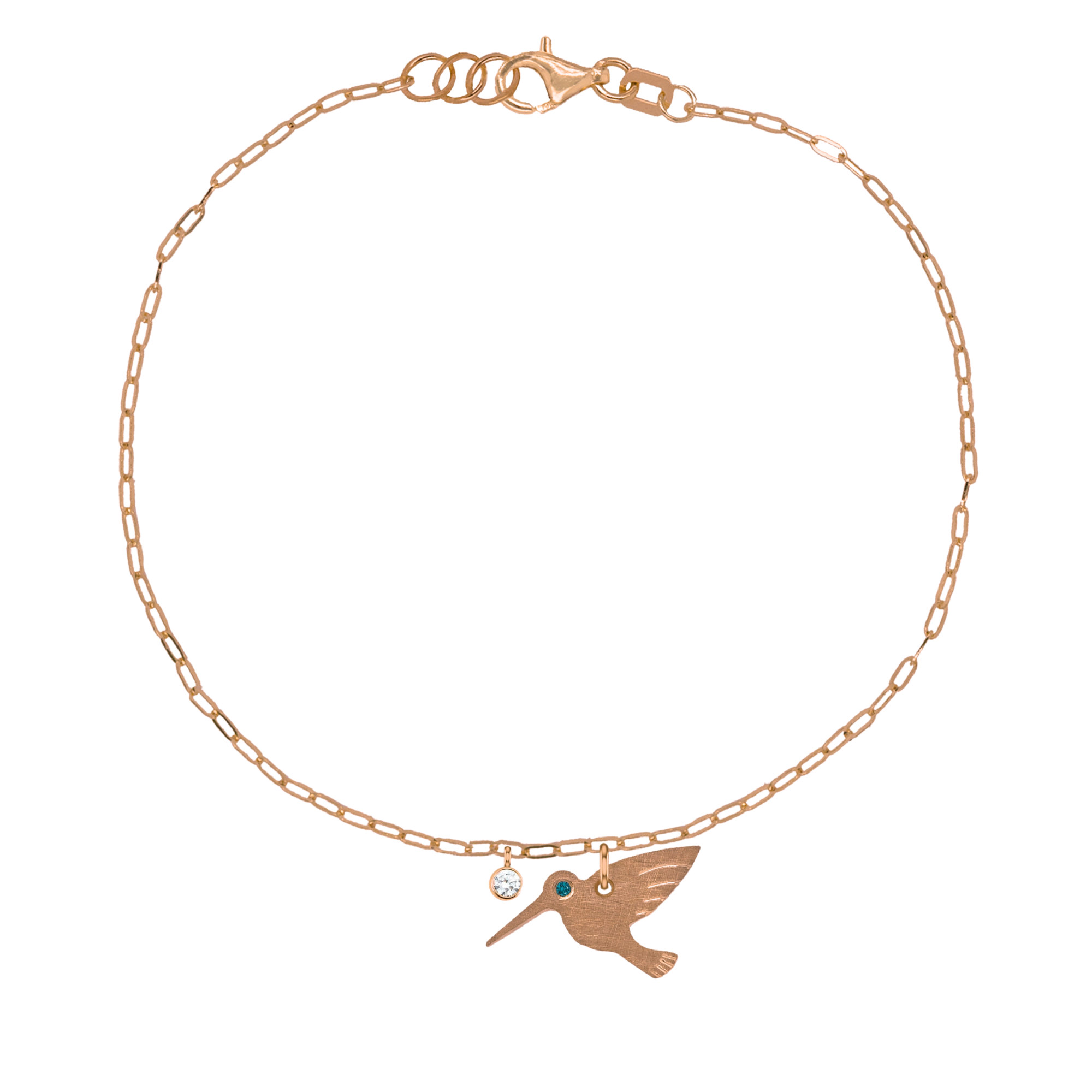 14k rose gold teeny tiny teal diamond hummingbird charm bracelet with bezel set white diamond charm on white background