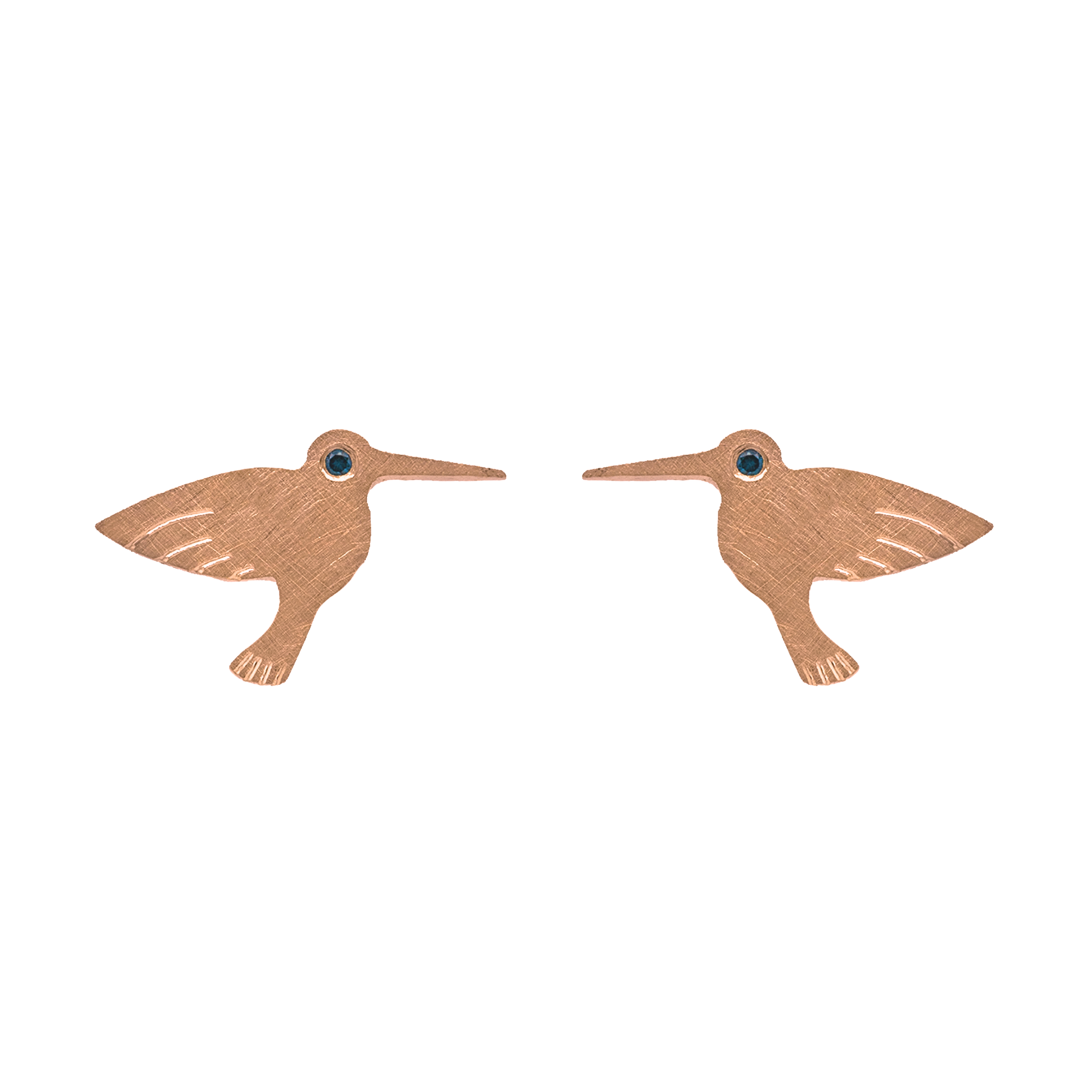 14k rose gold teeny tiny hummingbird earrings with teal diamond eyes on white background