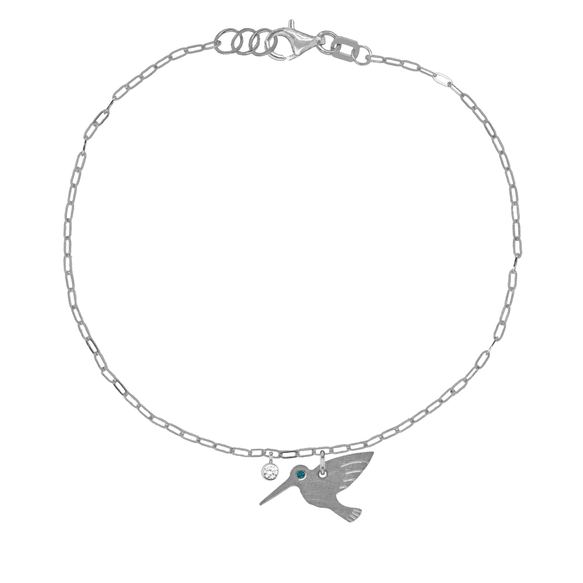 14k white gold teeny tiny teal diamond hummingbird charm bracelet with bezel set white diamond charm on white background