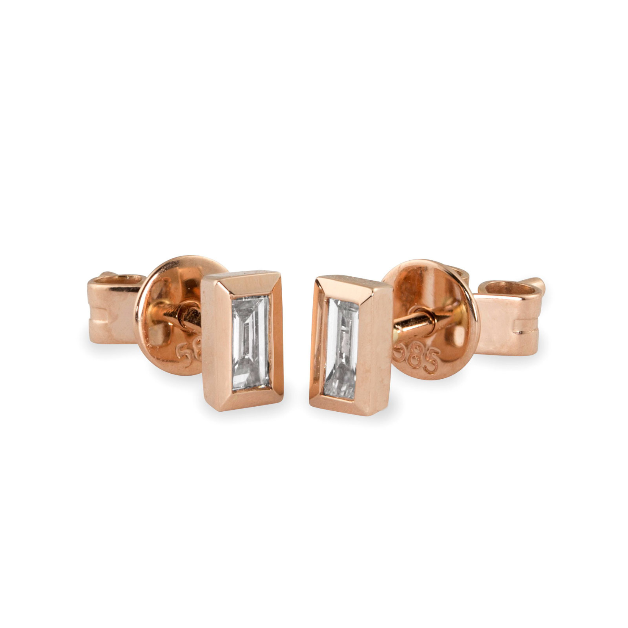 14k rose gold bezel set baguette white diamond earrings on white background