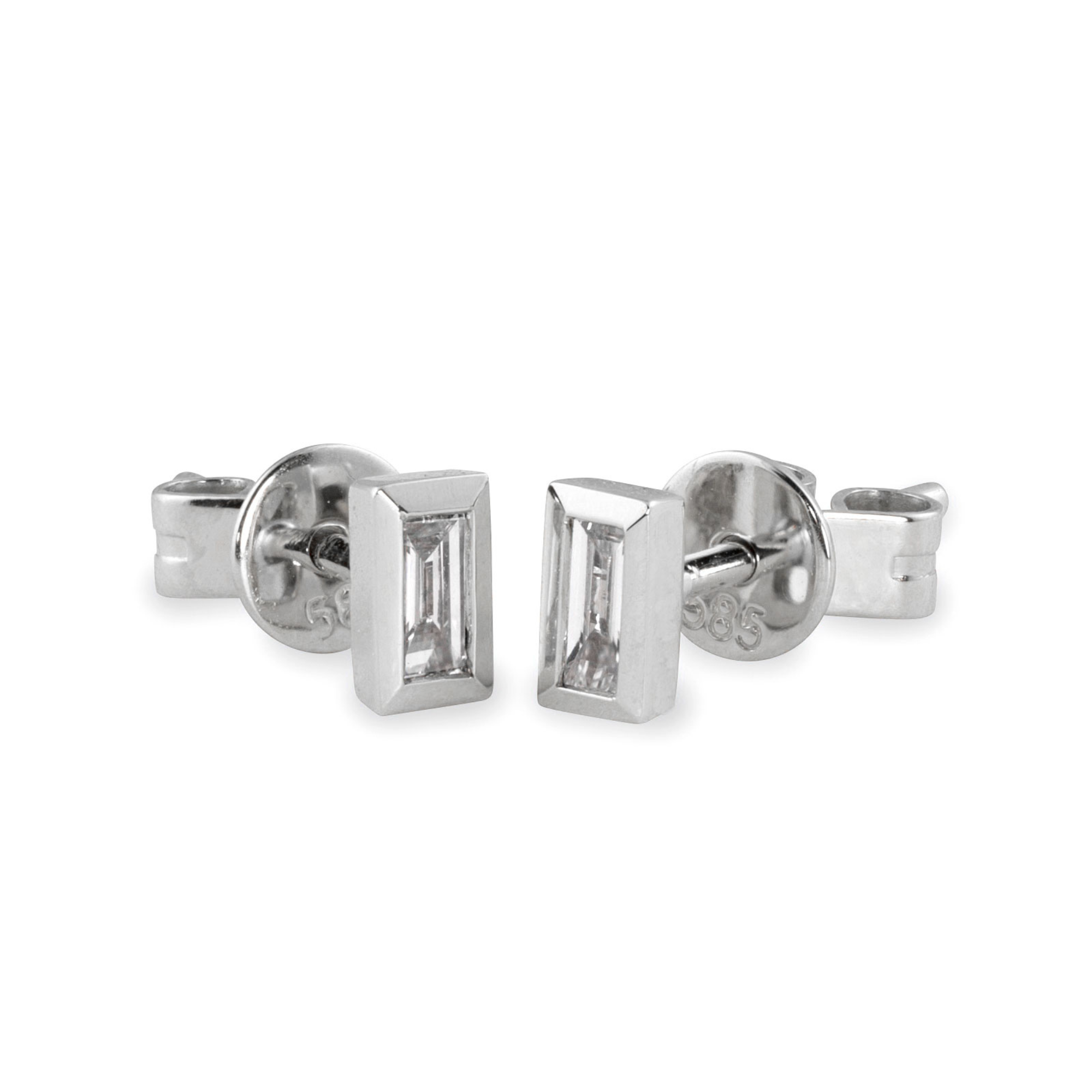 14k white gold bezel set baguette white diamond earrings on white background