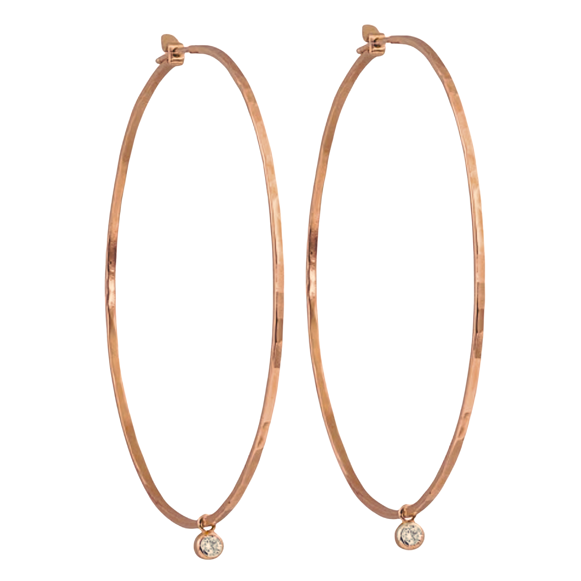 14k rose gold hammered wire hoop earrings with white diamond bezi charm on white background