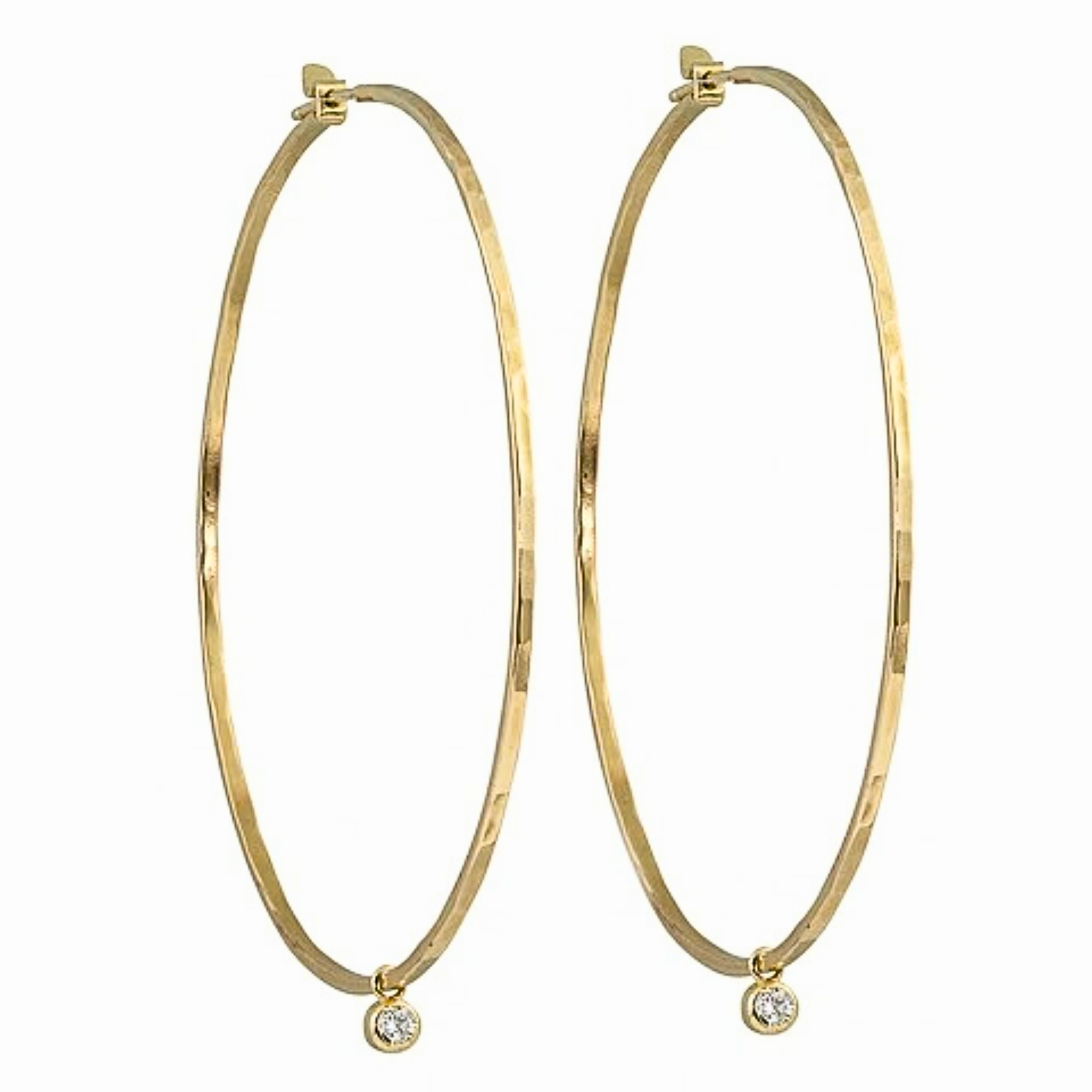 14k yellow gold hammered wire hoop earrings with white diamond bezi charm on white background