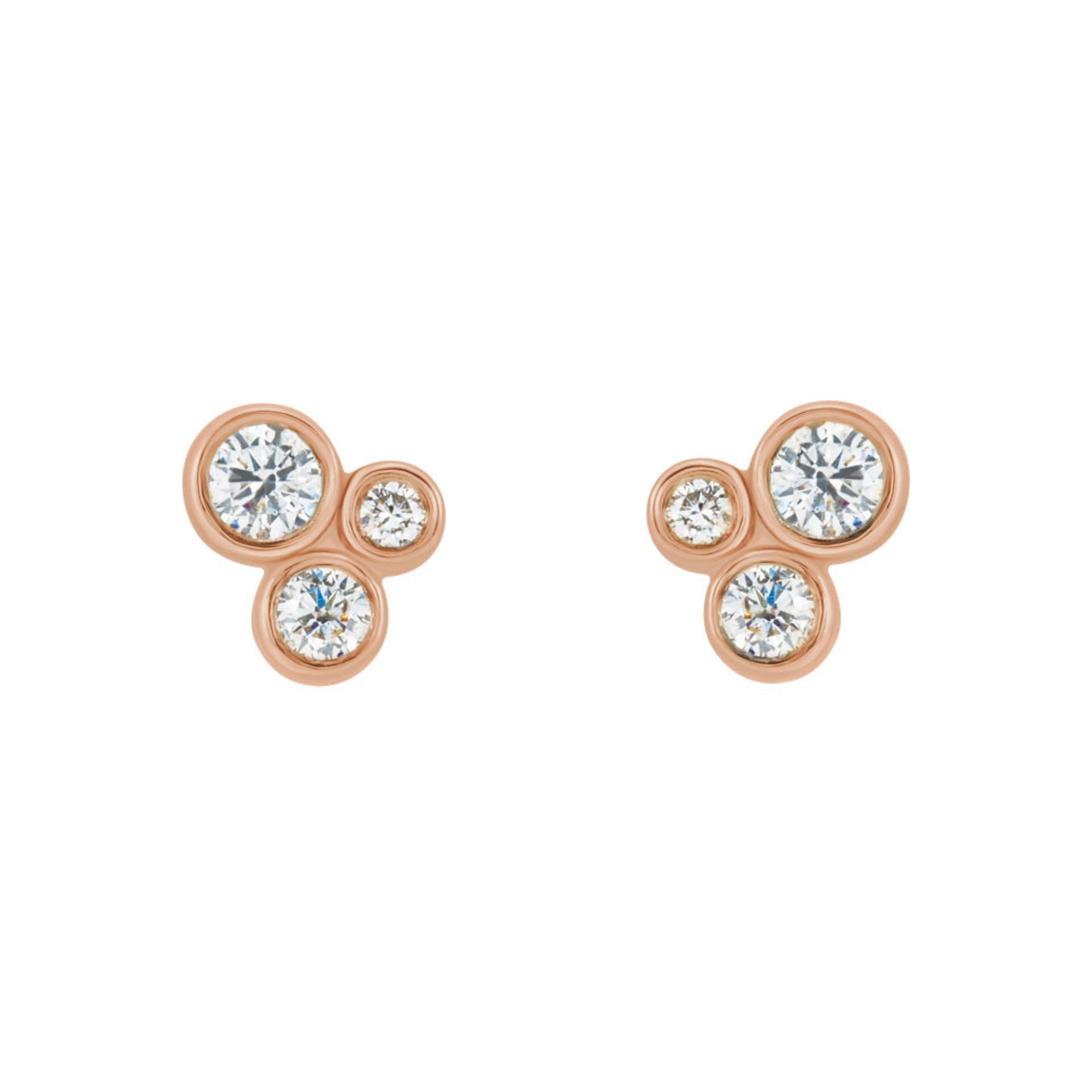 14k rose gold triple diamond bezel stud earrings on white background