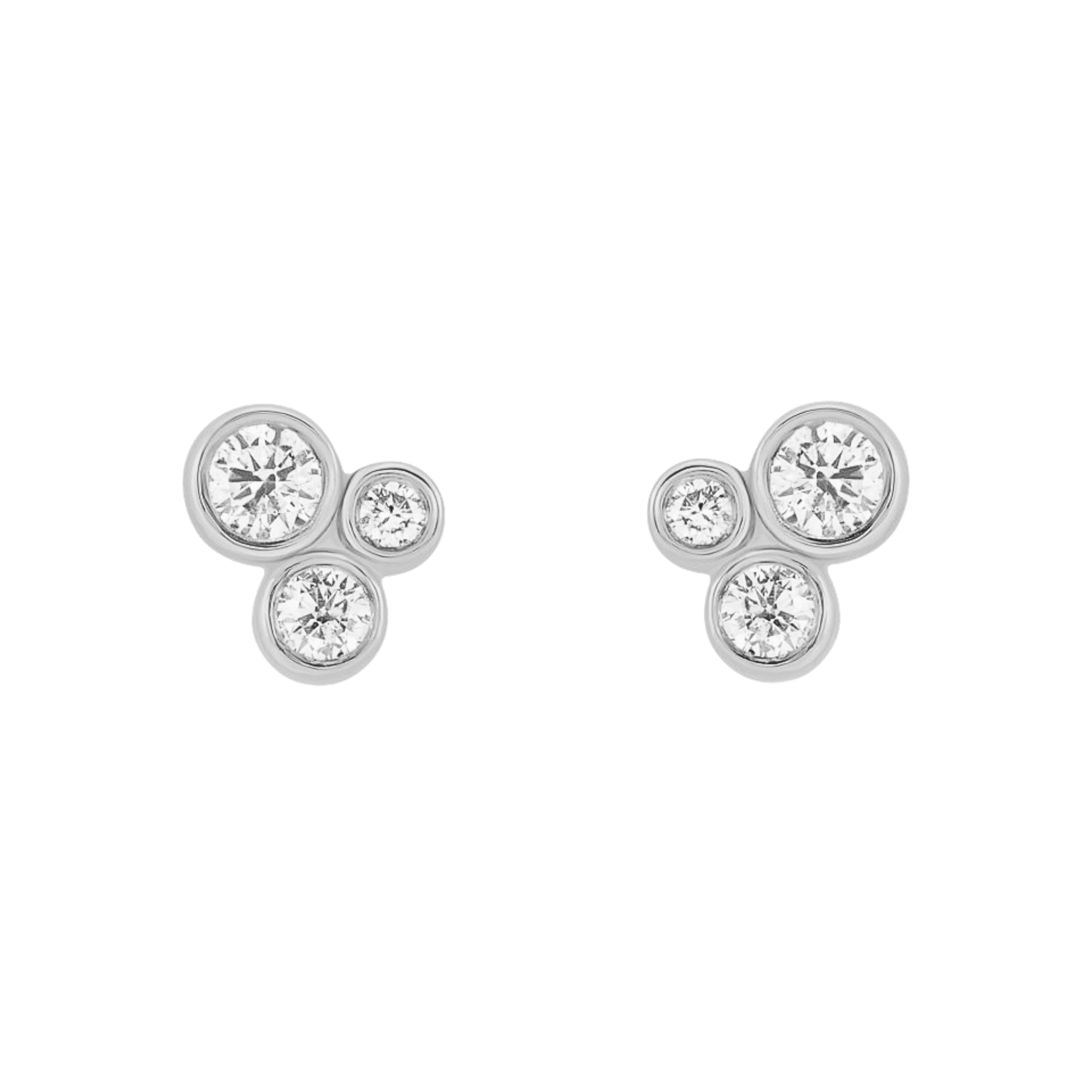 14k white gold triple diamond bezel stud earrings on white background