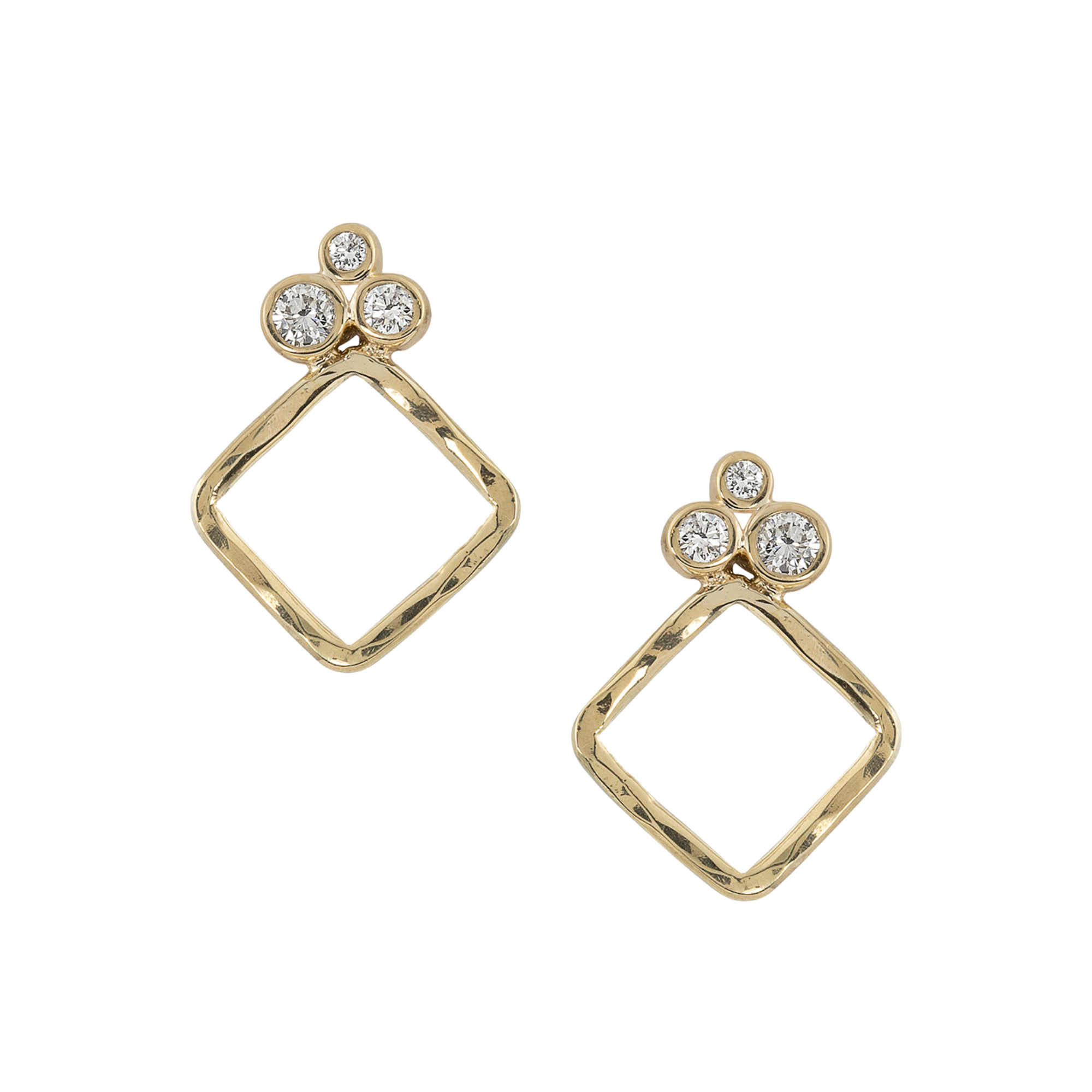 14k yellow gold diamond trio with diamond shaped gold drop earrings on white background