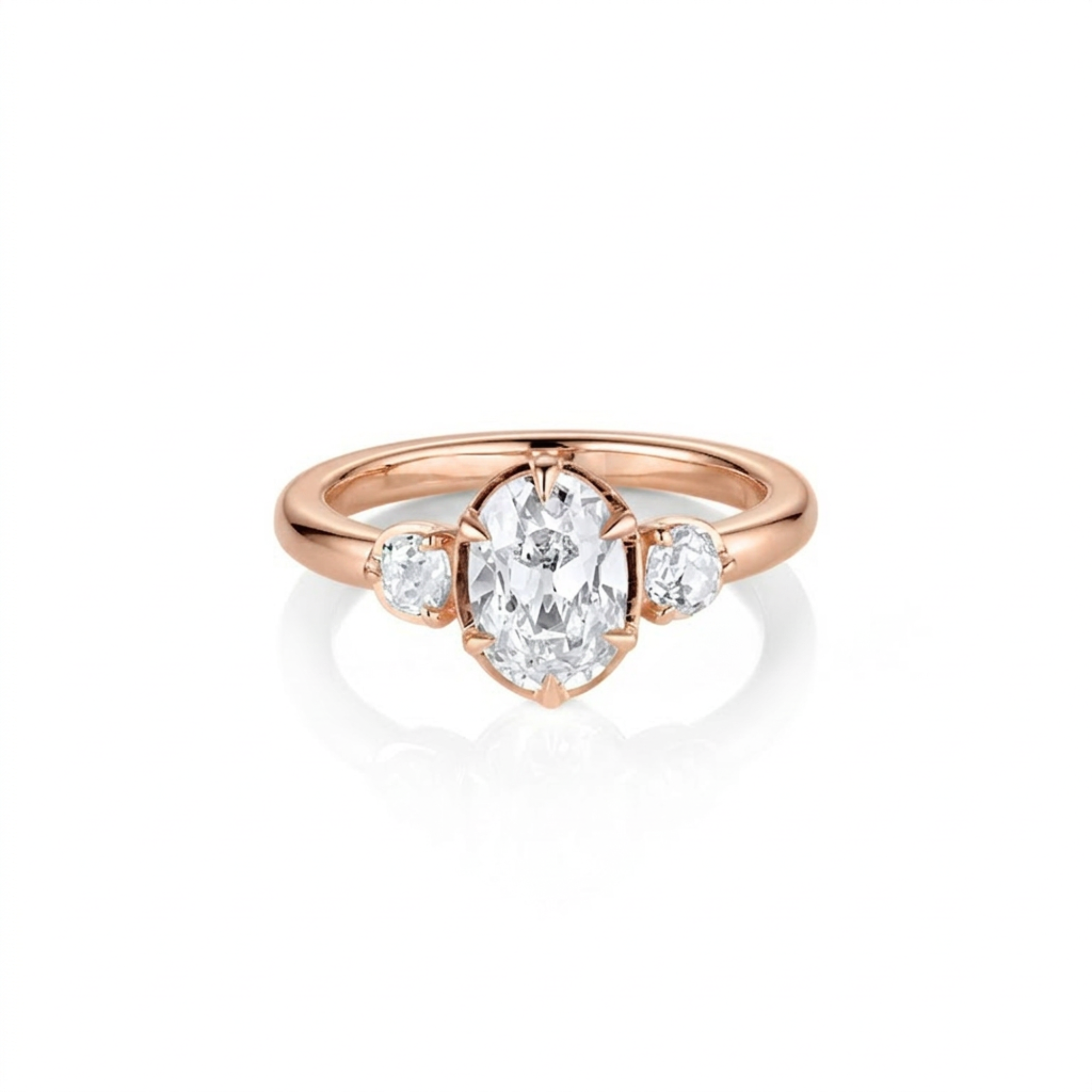 Lab-Grown Oval and Round Brilliant Diamond Three-Stone Boat Setting Round Band 14k Gold Engagement Ring | Style Birdie