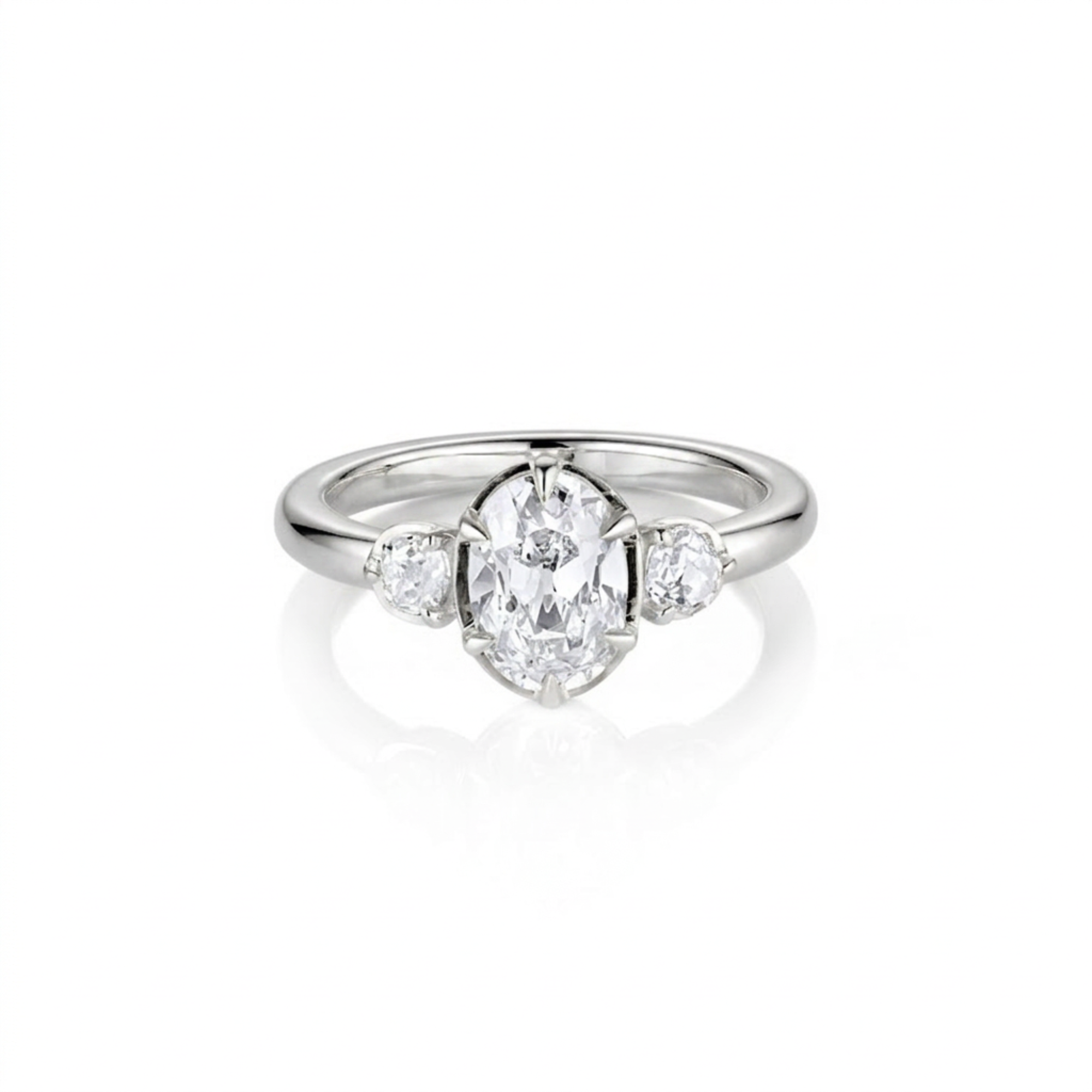 Lab-Grown Oval and Round Brilliant Diamond Three-Stone Boat Setting Round Band 14k Gold Engagement Ring | Style Birdie