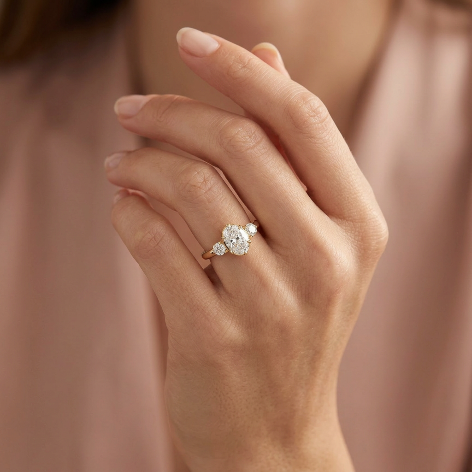 Oval and round brilliant three stone diamond engagement ring in 14k yellow gold, worn on a model's hand against a blurred background