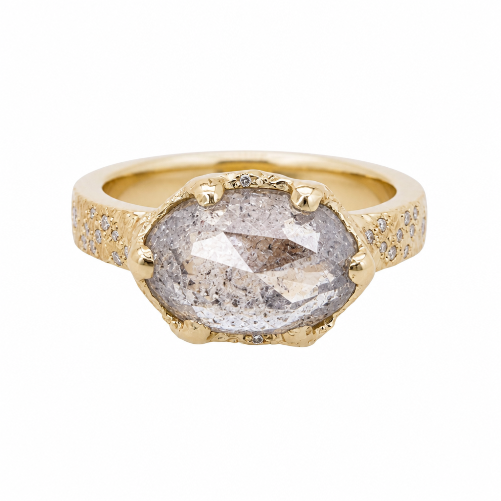 14k gold oval salt and pepper diamond with organic edge ring on white background