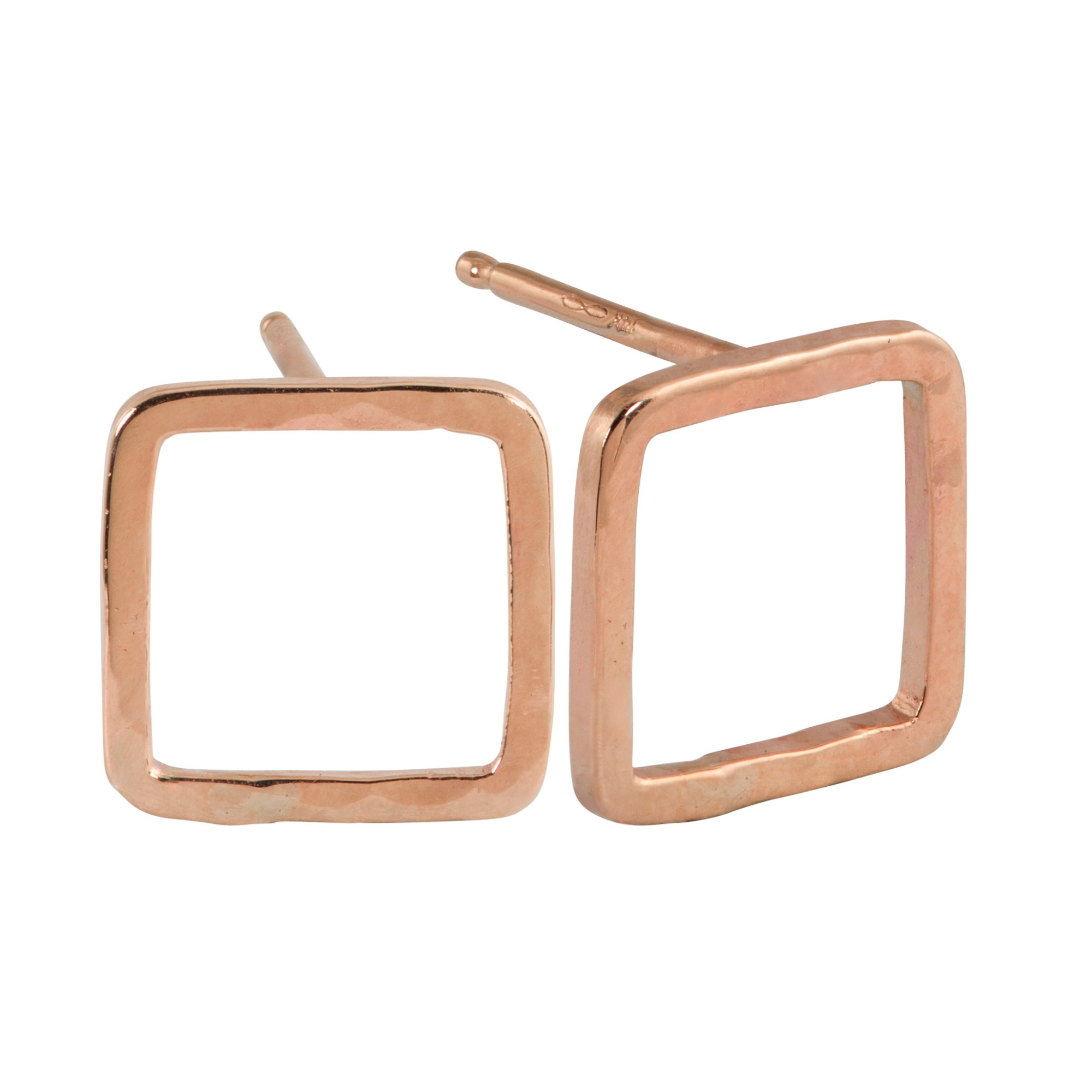 14k rose gold open square hammered post earrings on white background