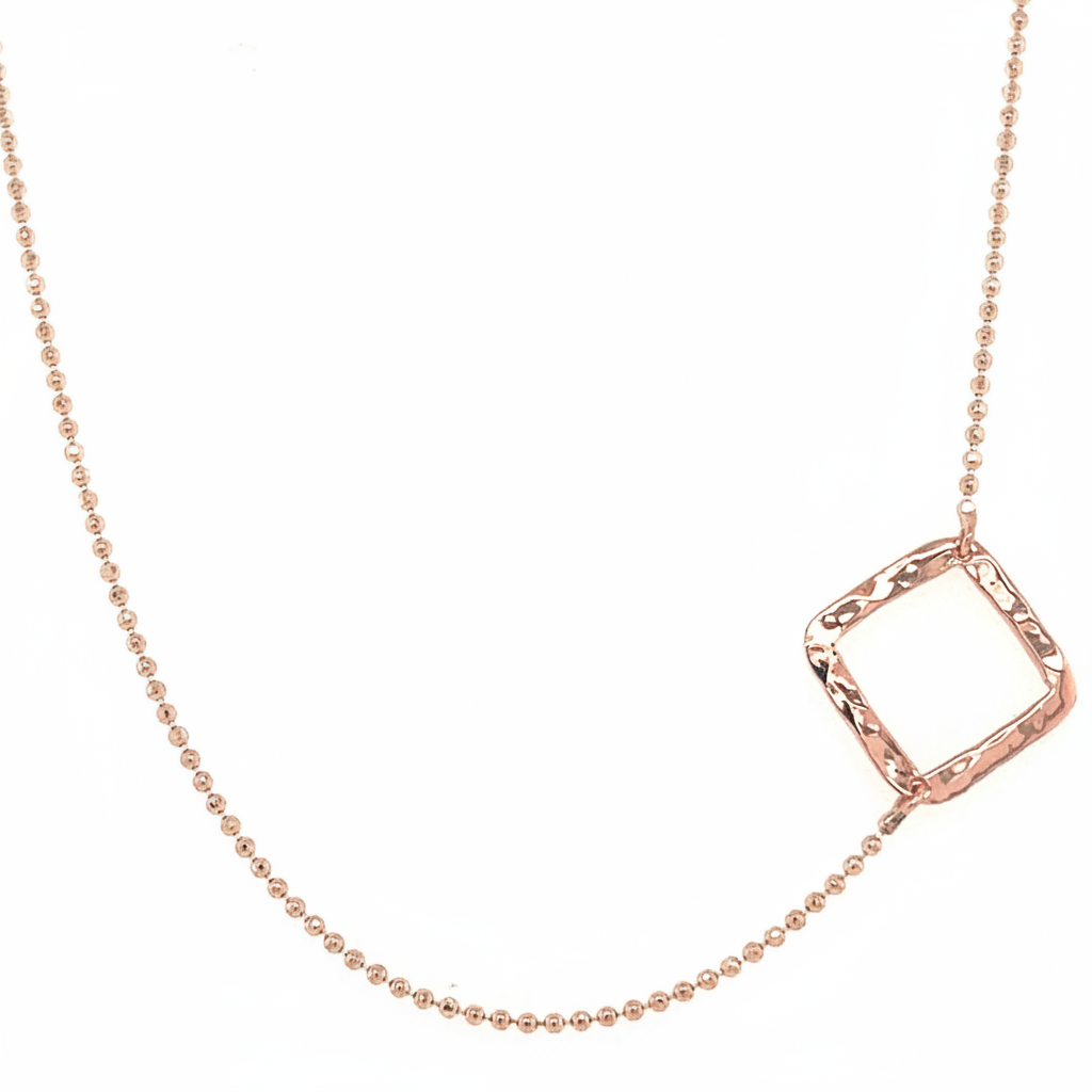 14k rose gold diamond ball chain choker necklace with offset fixed hammer texture open square pendant on a white background