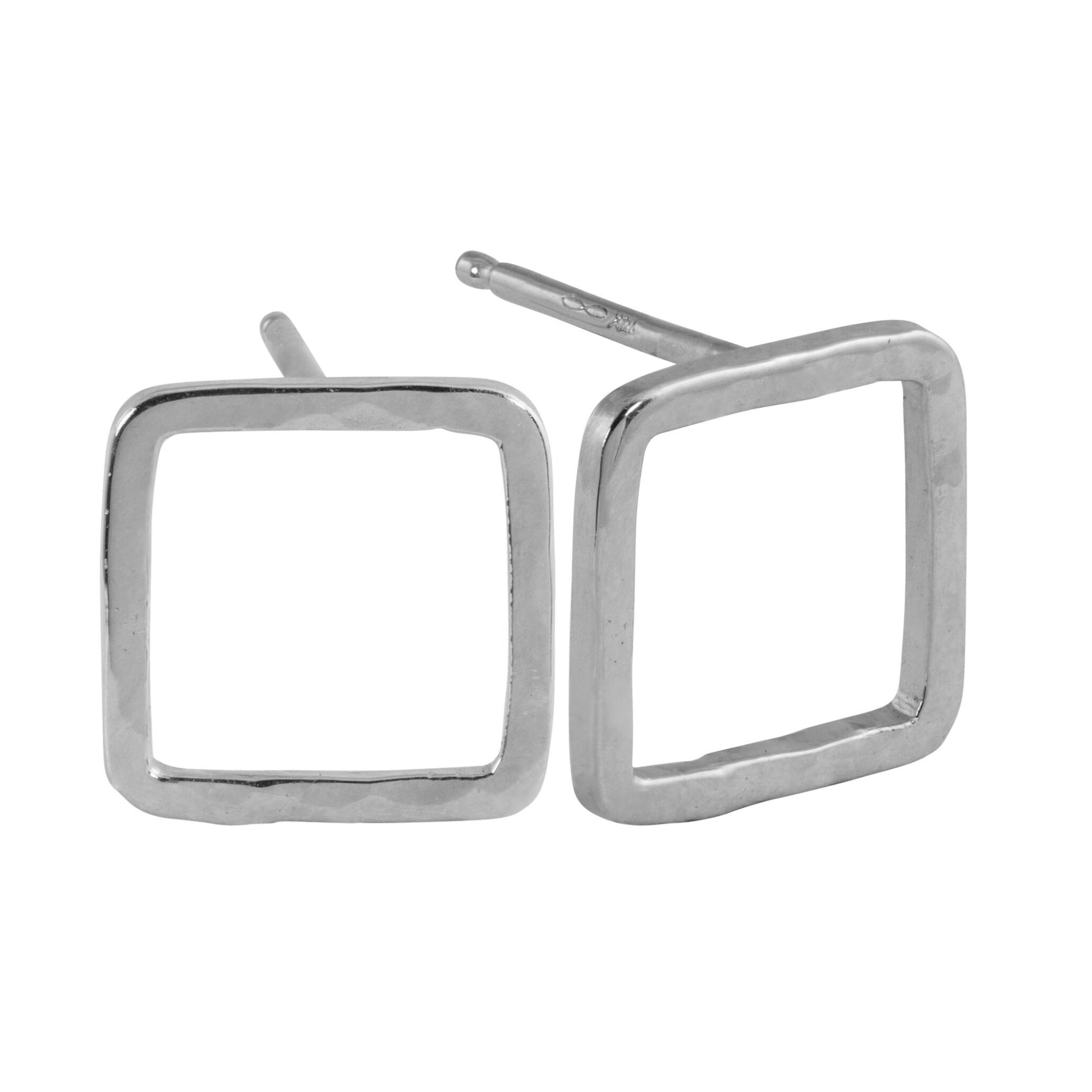 14k white gold open square hammered post earrings on white background