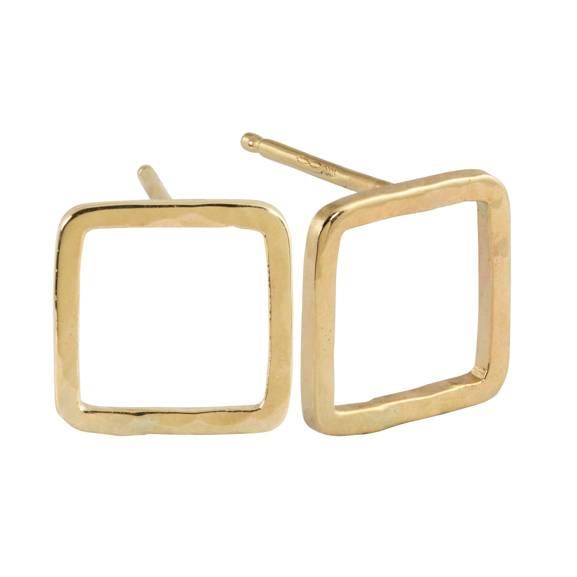 14k yellow gold open square hammered post earrings on white background
