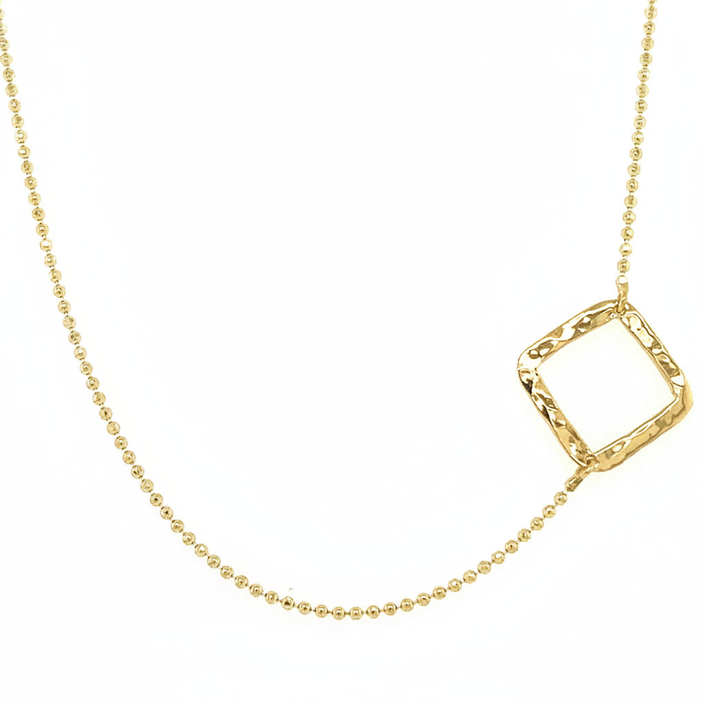 14k Gold diamond ball chain choker necklace with offset fixed hammer texture square pendant on a white background