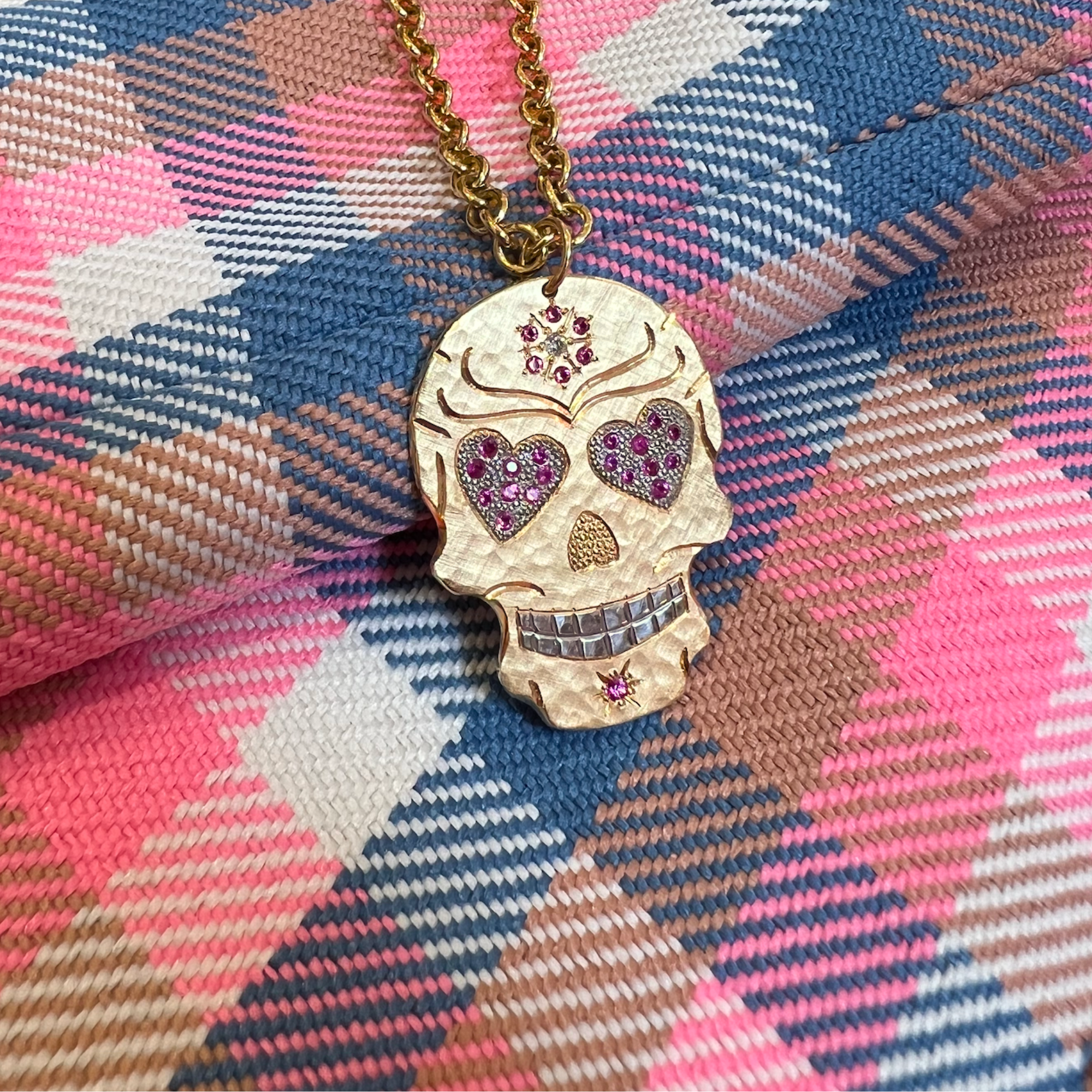 Pink Sapphire Heart Eyes Sugar Skull Pendant | Medium | 14K Gold | Style Valentina