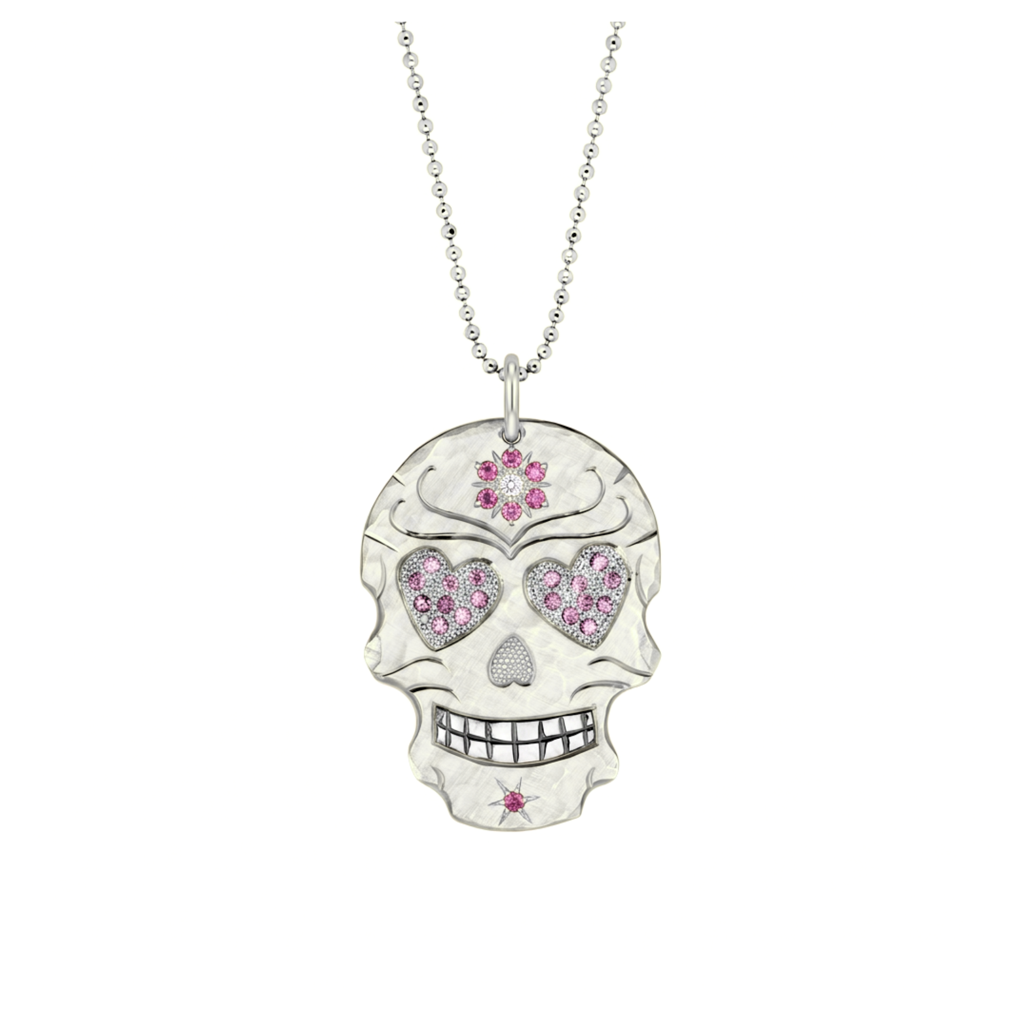 Pink Sapphire Heart Eyes Sugar Skull Pendant | Medium | 14K Gold | Style Valentina