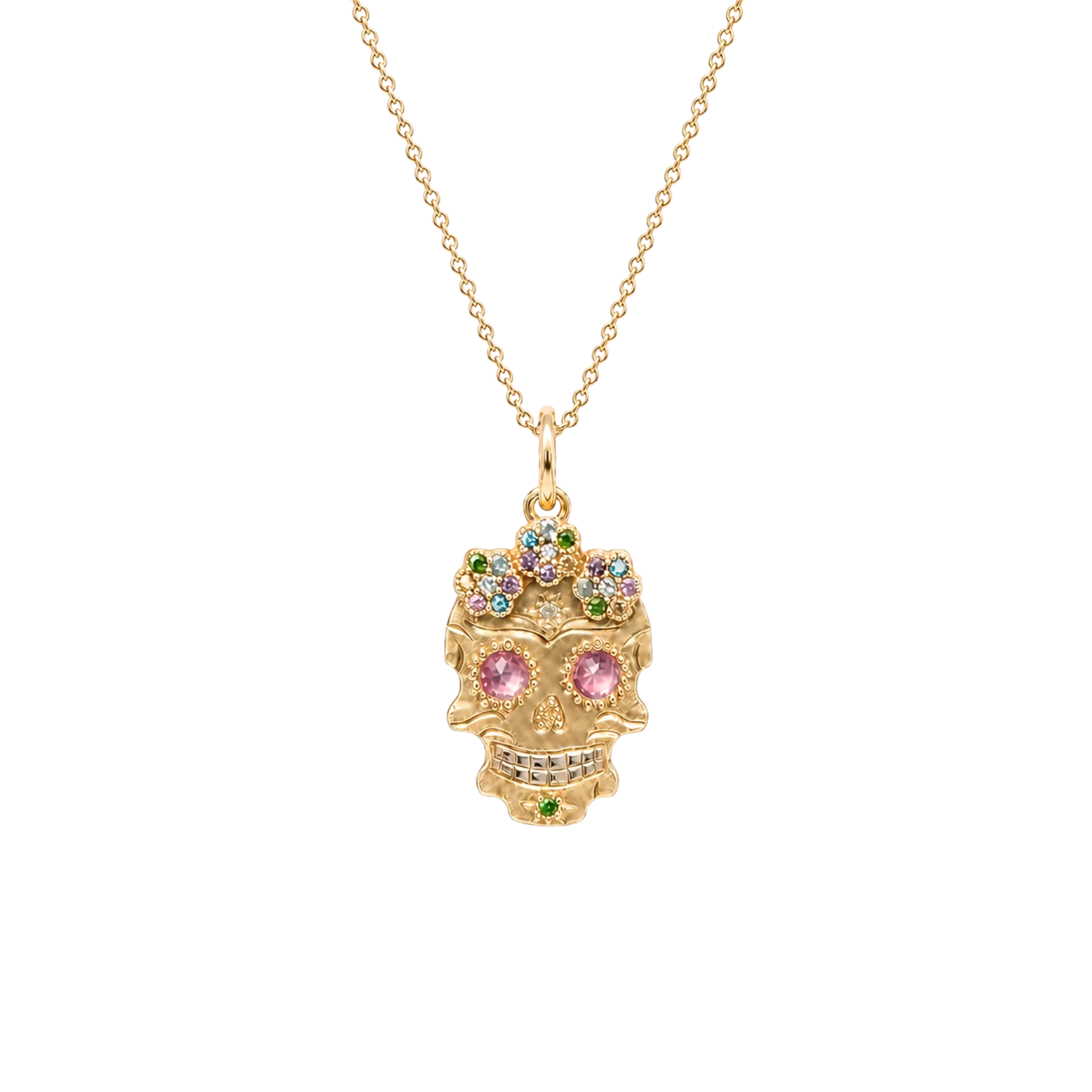 Pink Sugar Skull 14k yellow gold pendant