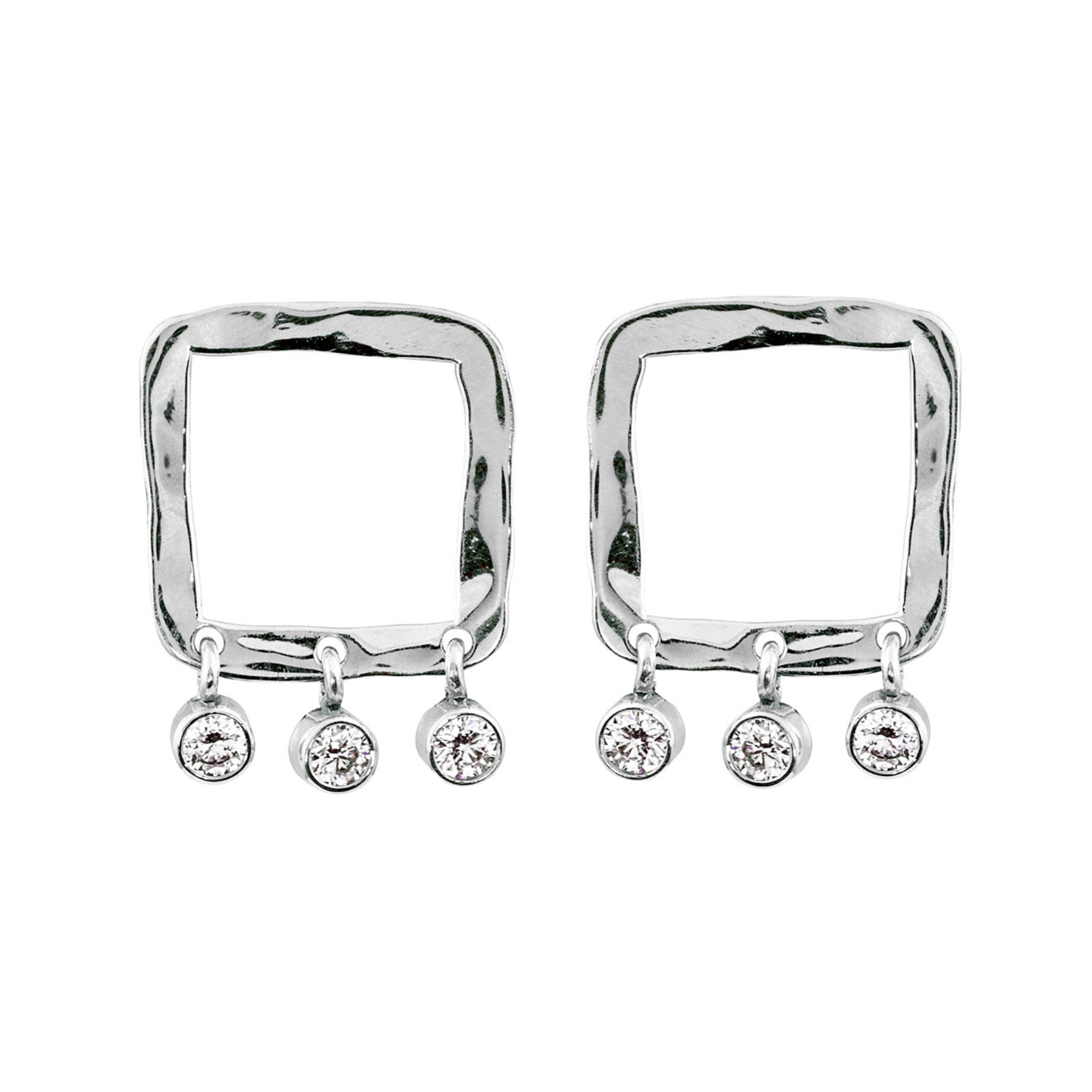 14k white gold POPI square post earring with diamond dangles on white background