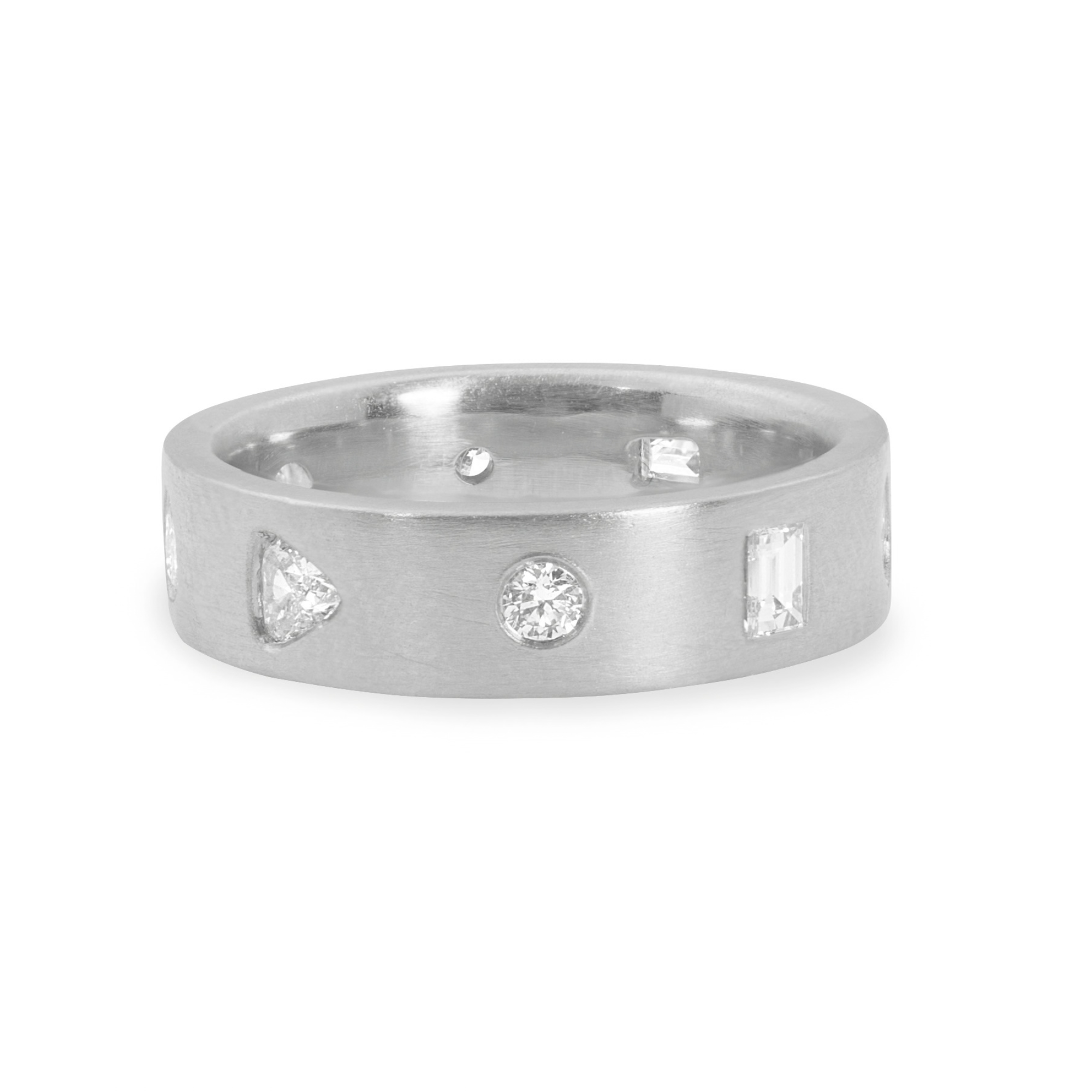 14k white gold wide satin raki band with custom picked mixed shape white diamonds on white background