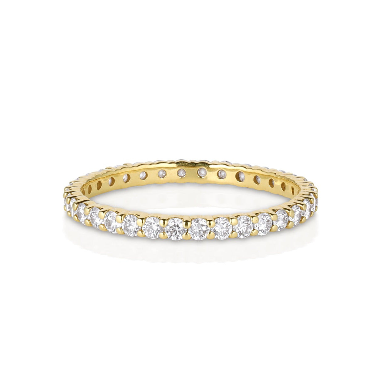 14k-yellow-gold with small round white diamonds prong set eternity band on white background
