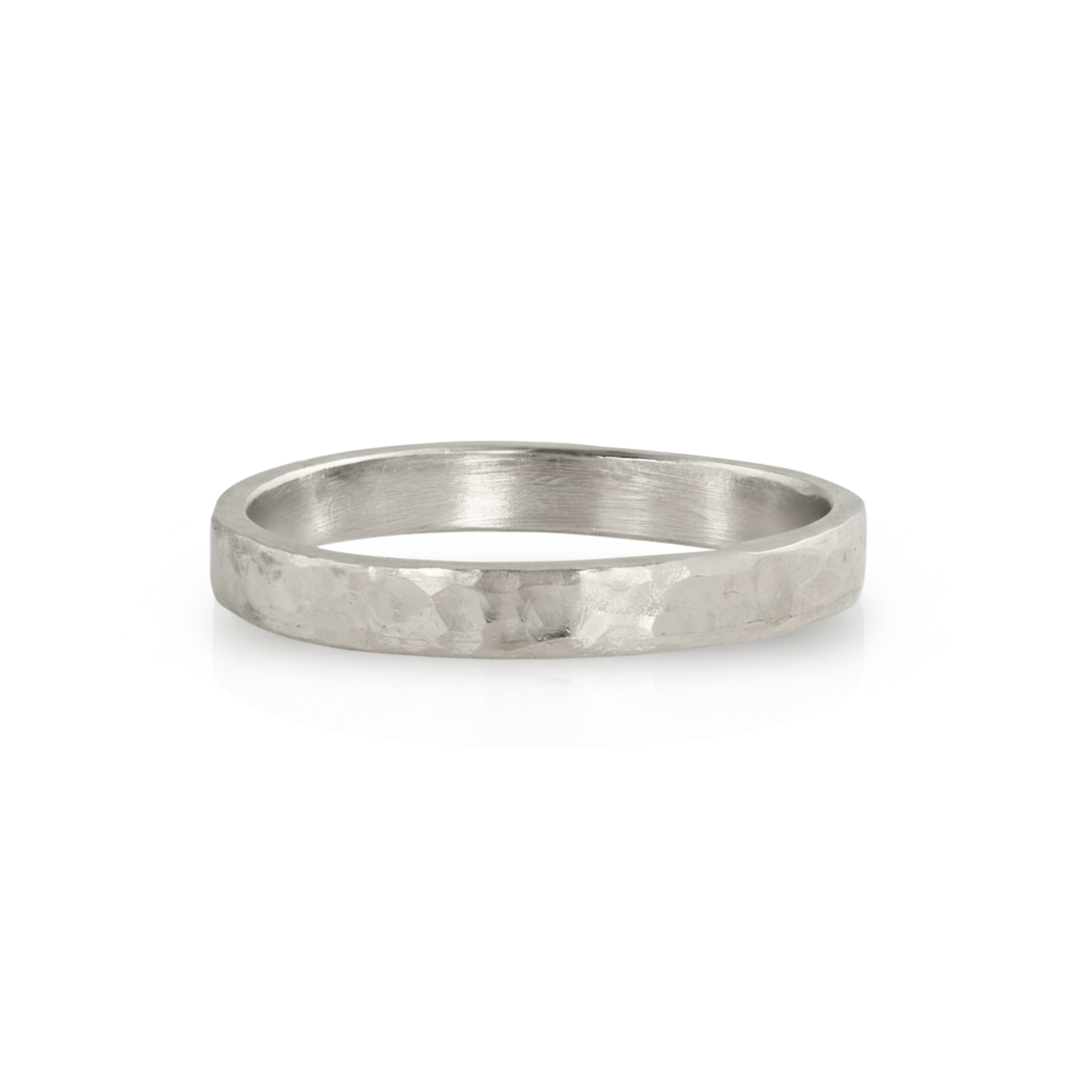 14k white gold thick wide band stacking wedding ring with heavy hammered texture brushed finish rugged organic ring shown on white background
