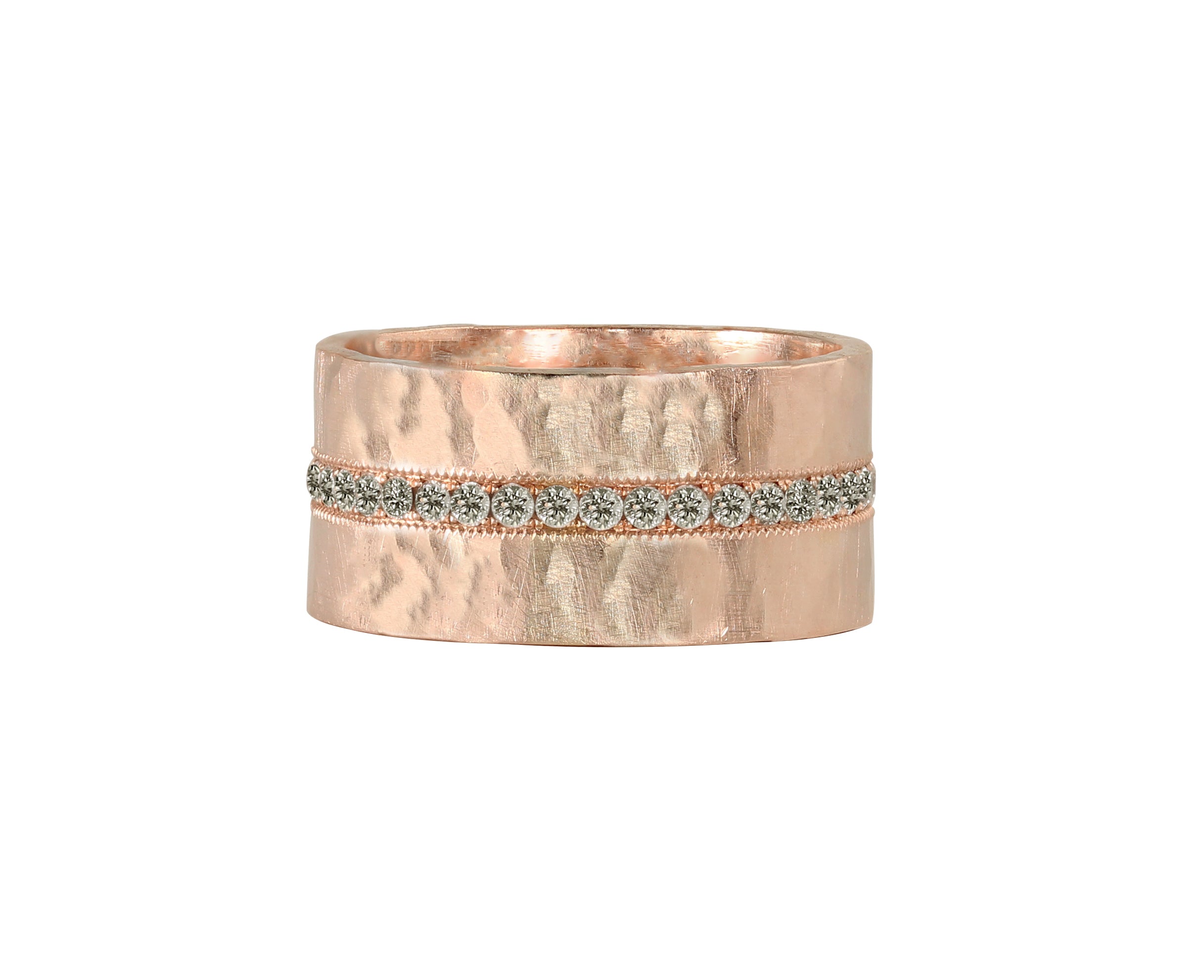 Wide 14k rose gold ring with a hammer textured band and embedded stones eternity band on a white background