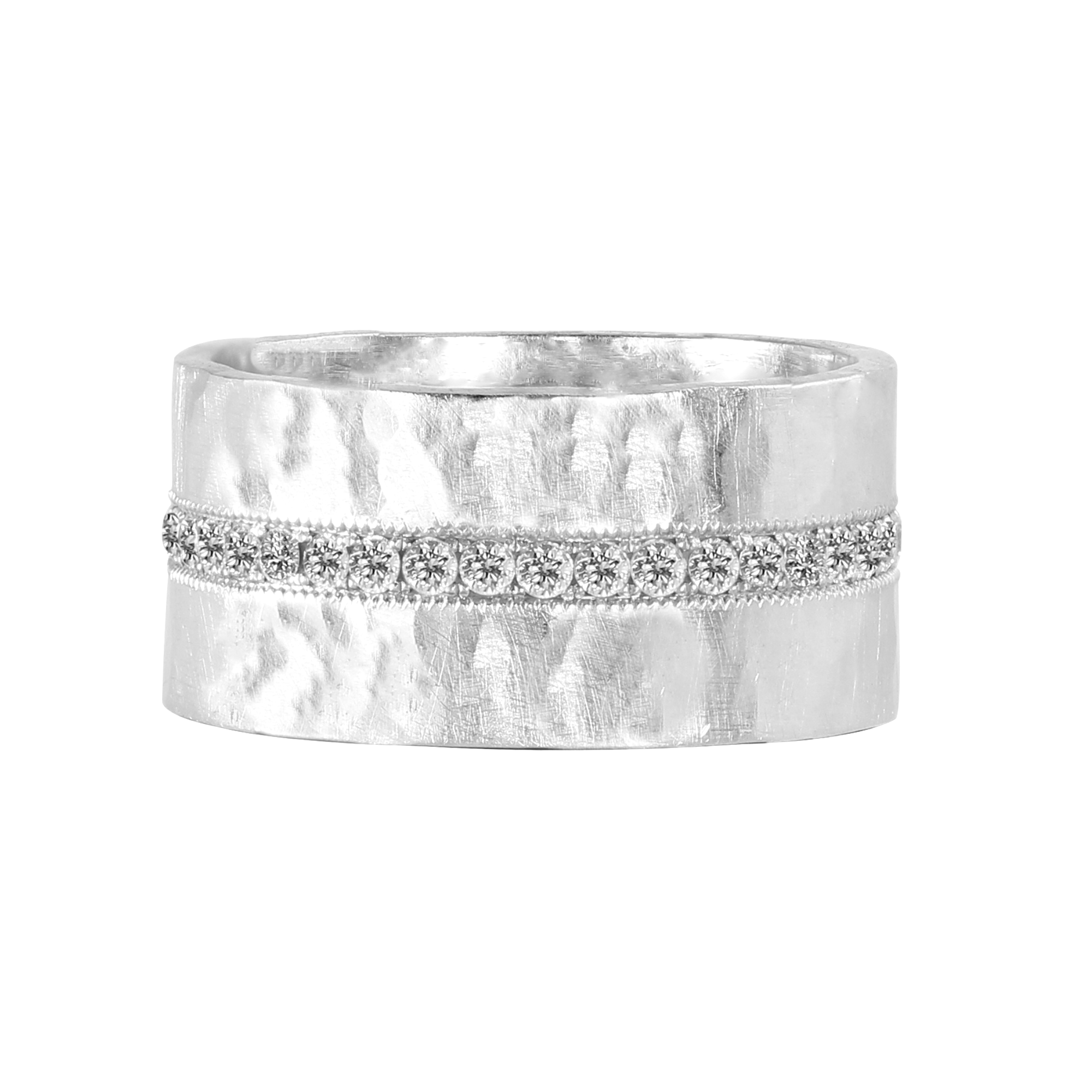 14k white gold wide band ring with a chunky hammered finish, featuring a center eternity pavé row of round white diamonds set with delicate milgrain detail, handcrafted by Julez Bryant Fine Jewelry.