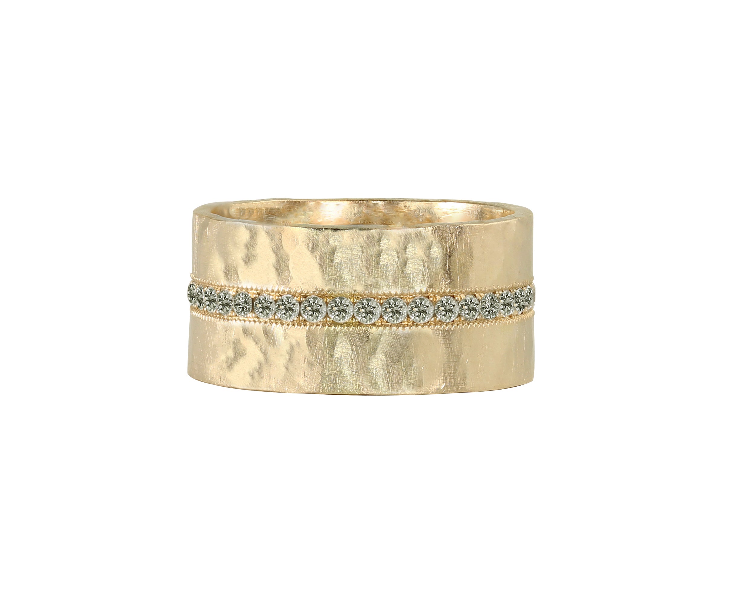 Wide 14k gold ring with a hammer textured band and embedded stones eternity band on a white background