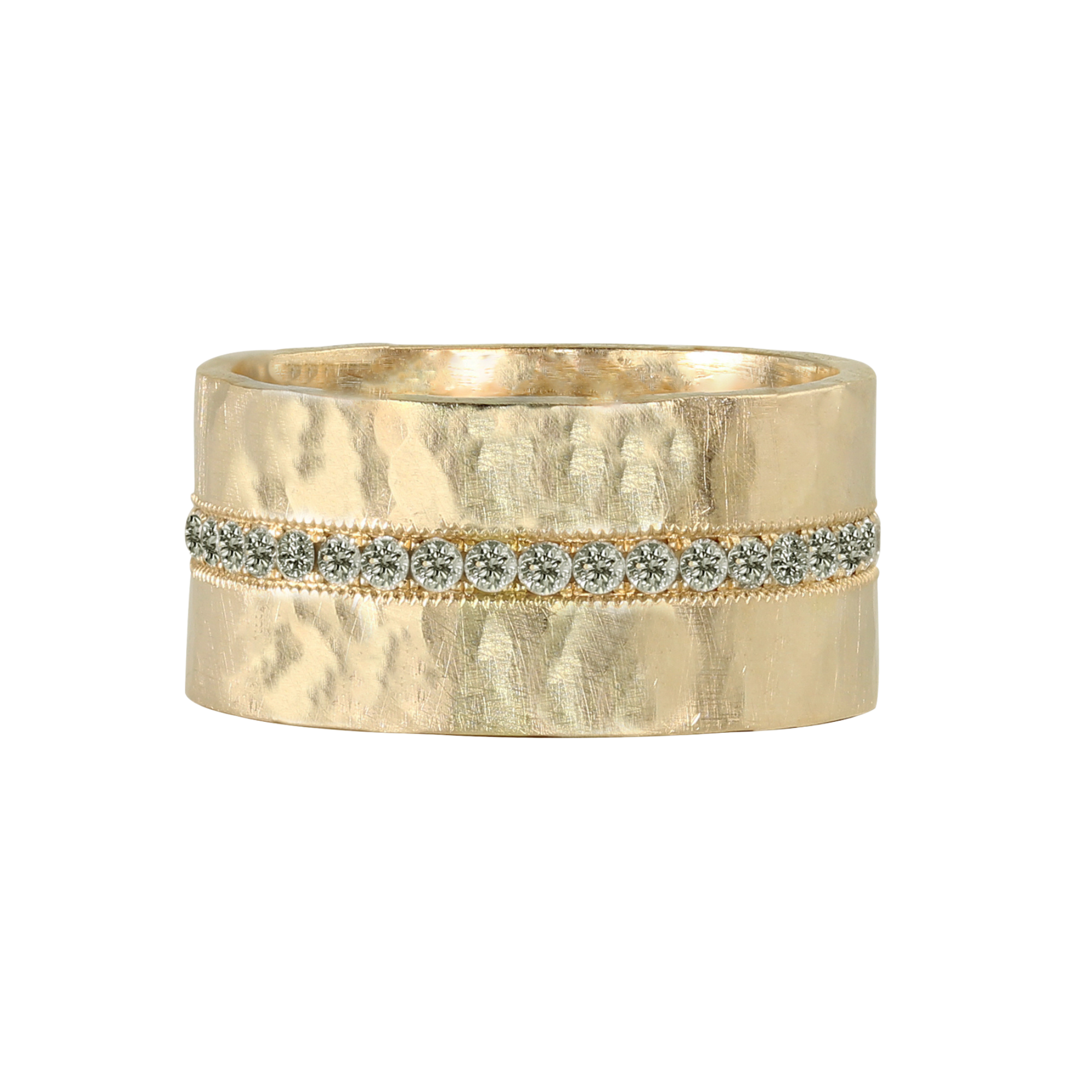 14k yellow gold wide band ring with a chunky hammered finish, featuring a center eternity pavé row of round white diamonds set with delicate milgrain detail, handcrafted by Julez Bryant Fine Jewelry.