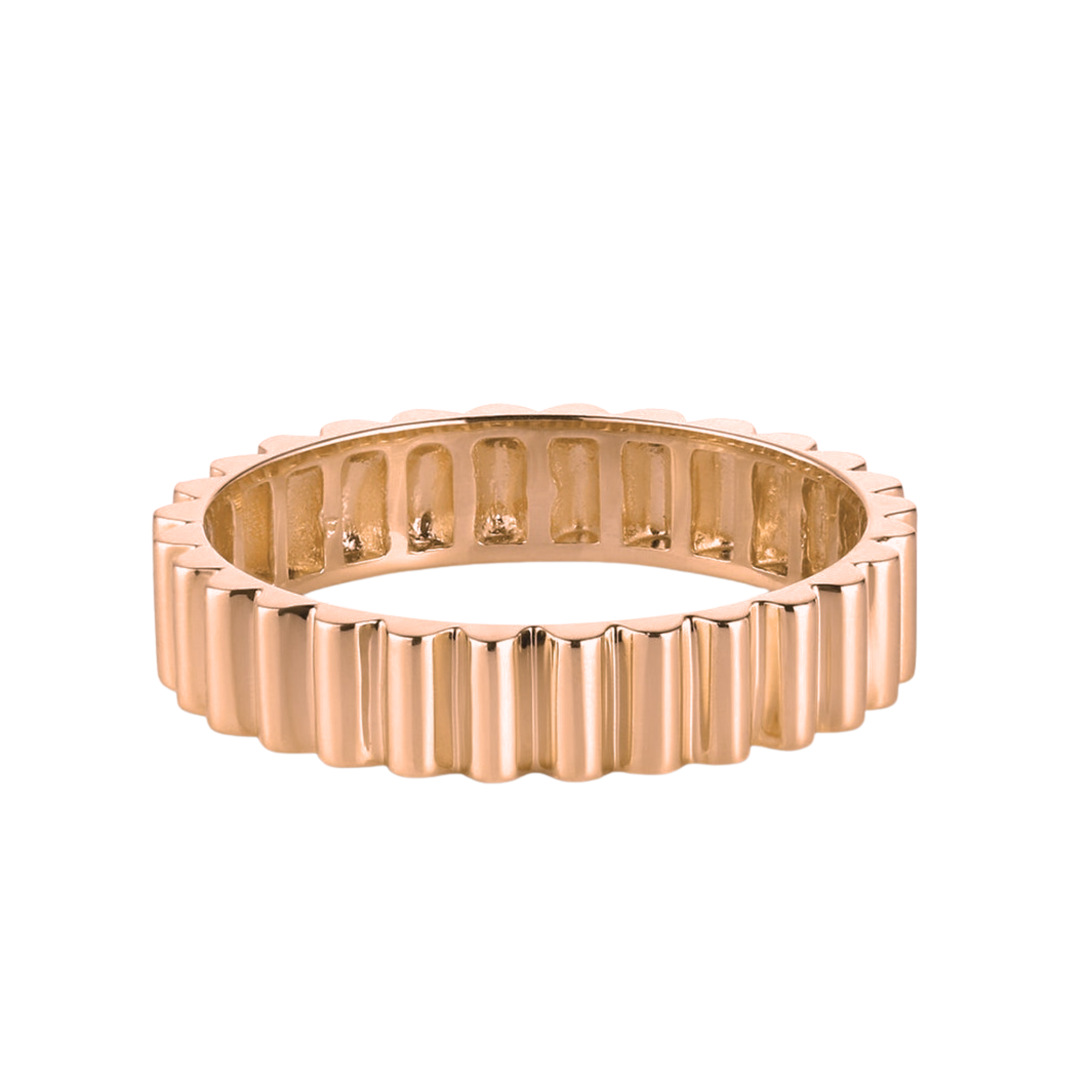 A solid 14k rose gold wide band ring with a sculptural fluted pattern high polish finish shown on white background