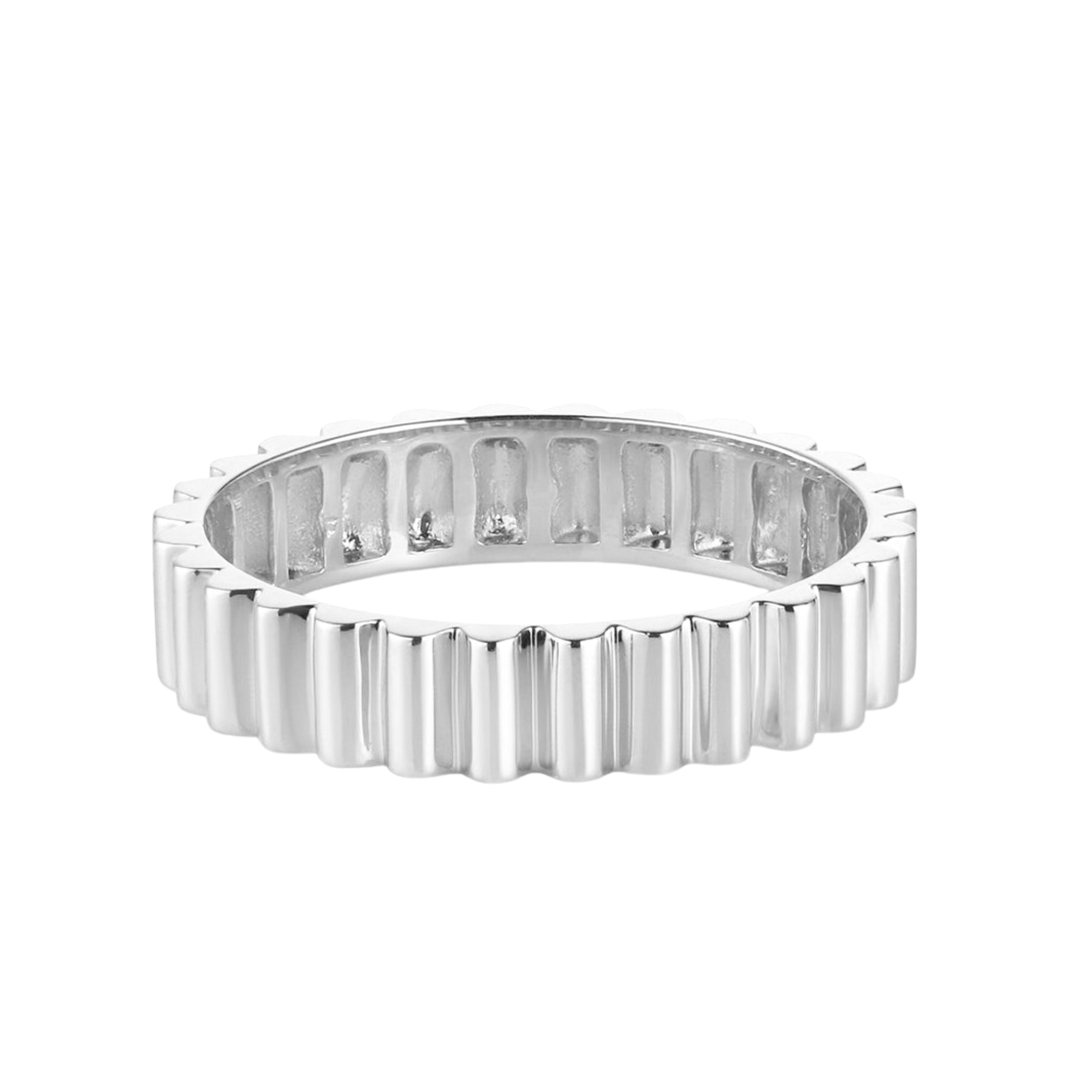 A solid 14k white gold wide band ring with a sculptural fluted pattern high polish finish shown on white background
