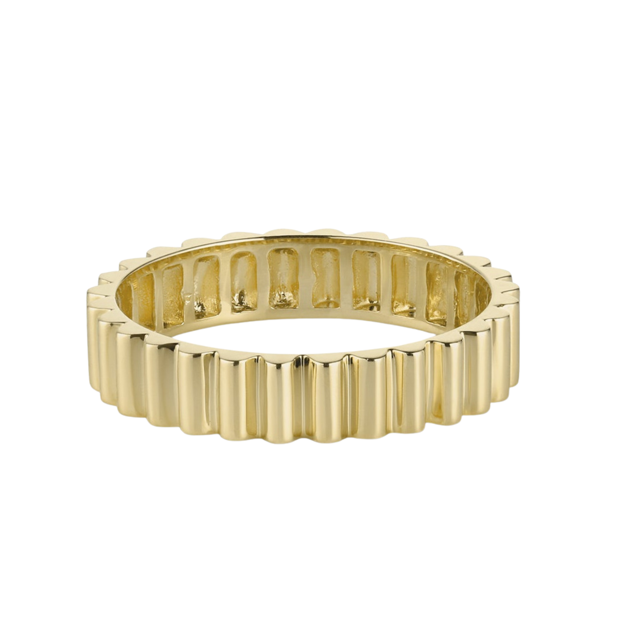 A solid 14k yellow gold wide band ring with a sculptural fluted pattern high polish finish shown on white background