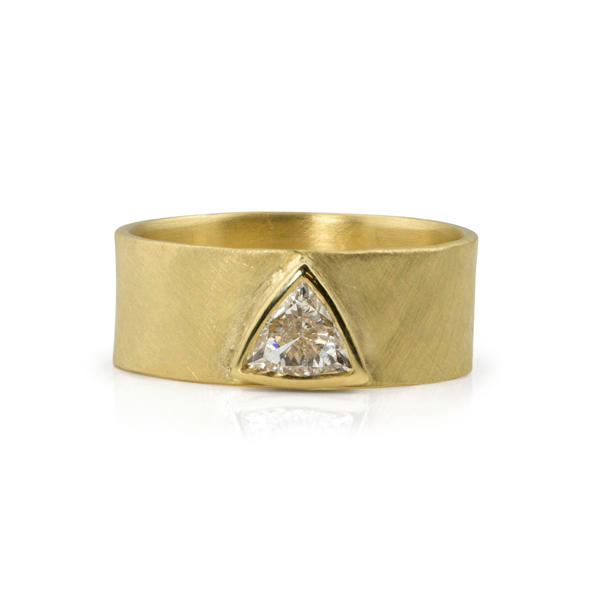 14k yellow gold engagement wide band ring featuring a bezel set triangular diamond with brushed satin texture finish on a white background