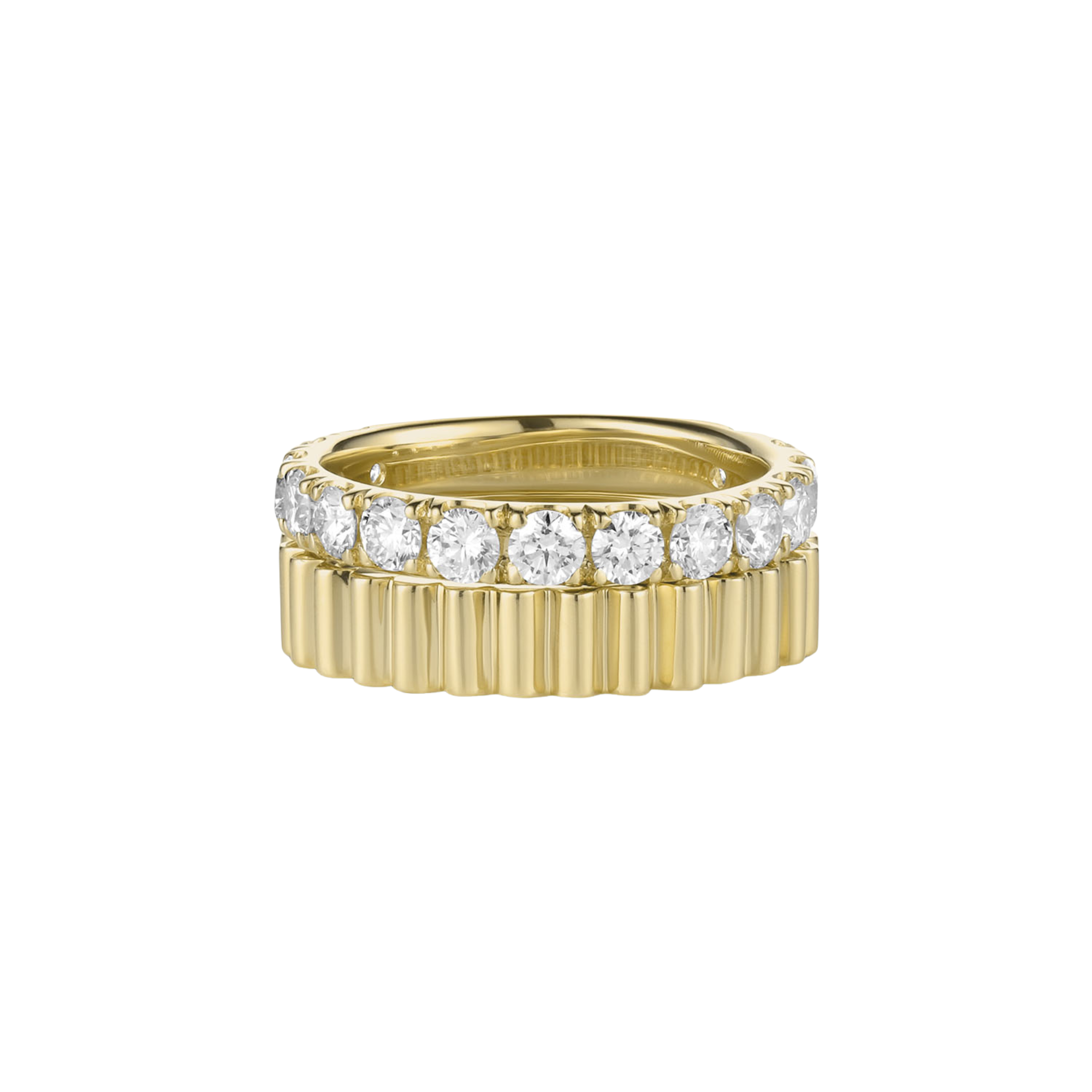 14k yellow gold ring stack with wide band geometric fluted band and eternity band embedded with white diamonds on a white background