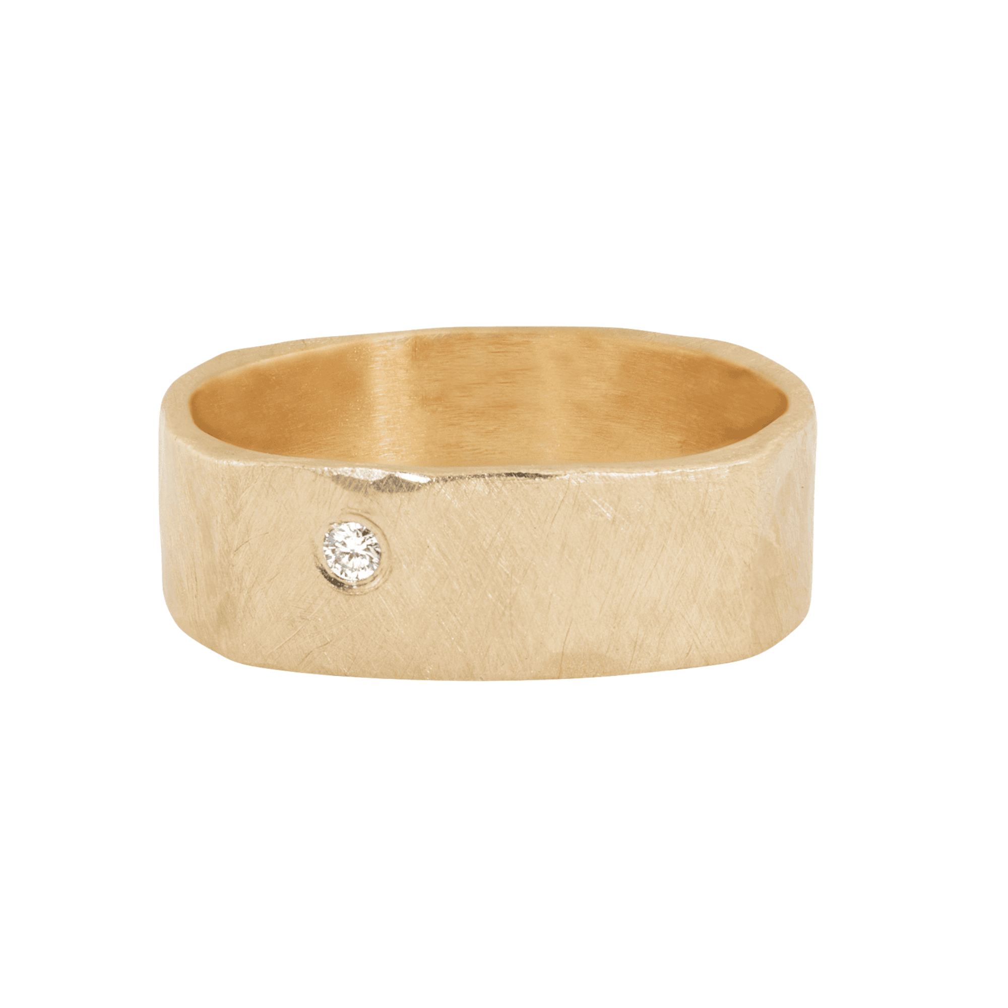 REFE wide comfort fit band by Julez Bryant crafted in 14k yellow gold featuring a single flush set diamond with a brushed, handcrafted finish.